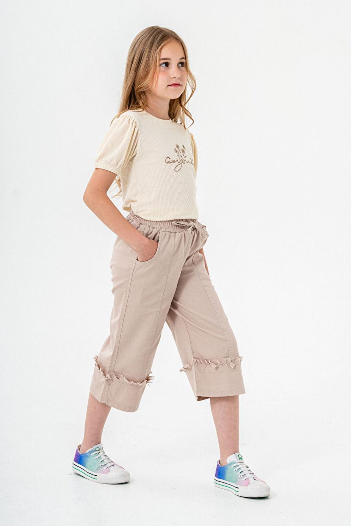 Miniğimin Cicileri Çiçek İşleme Double Paça Kız Çocuk 2 li Takım - Bej