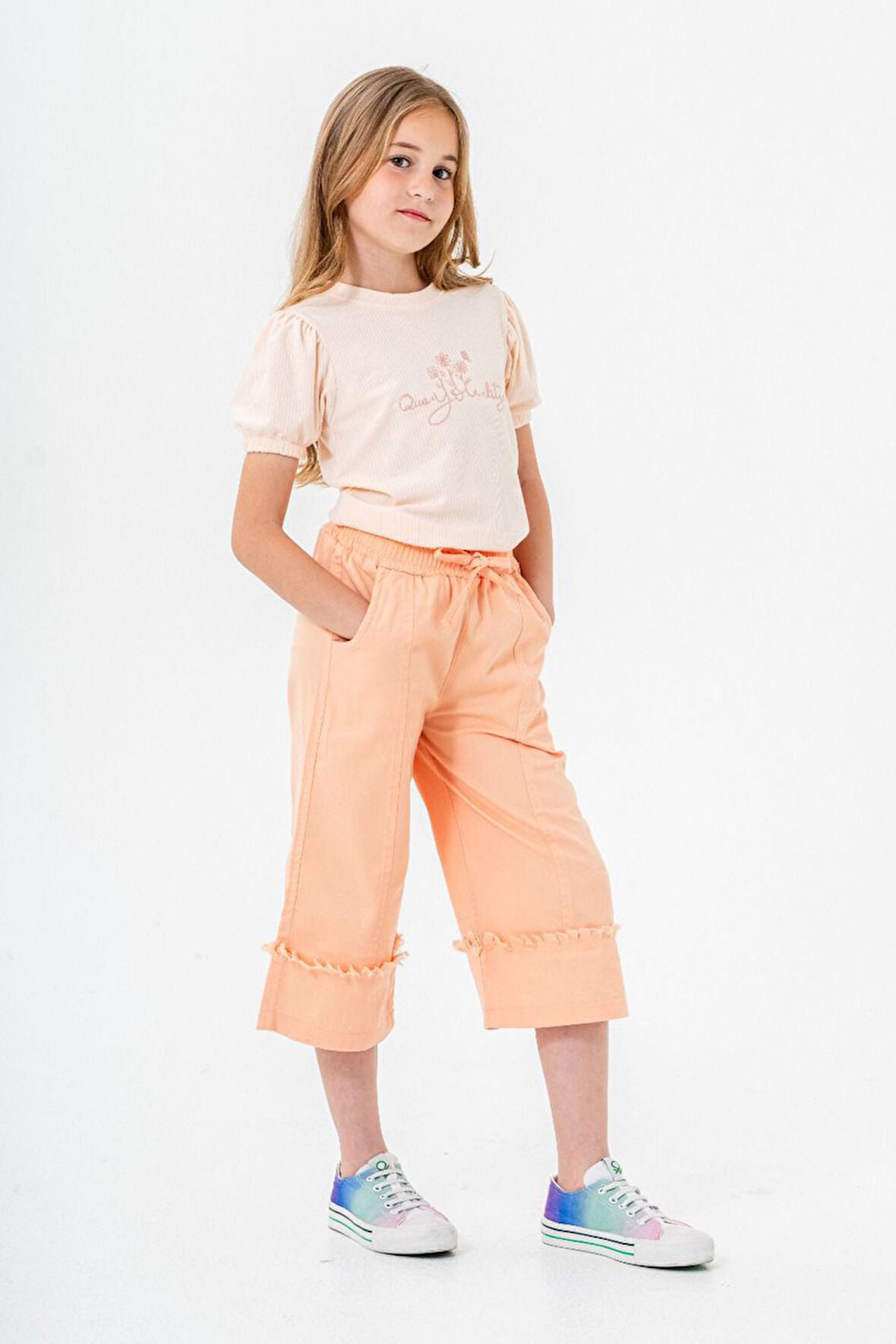 Miniğimin Cicileri Çiçek İşleme Double Paça Kız Çocuk 2 li Takım - Turuncu