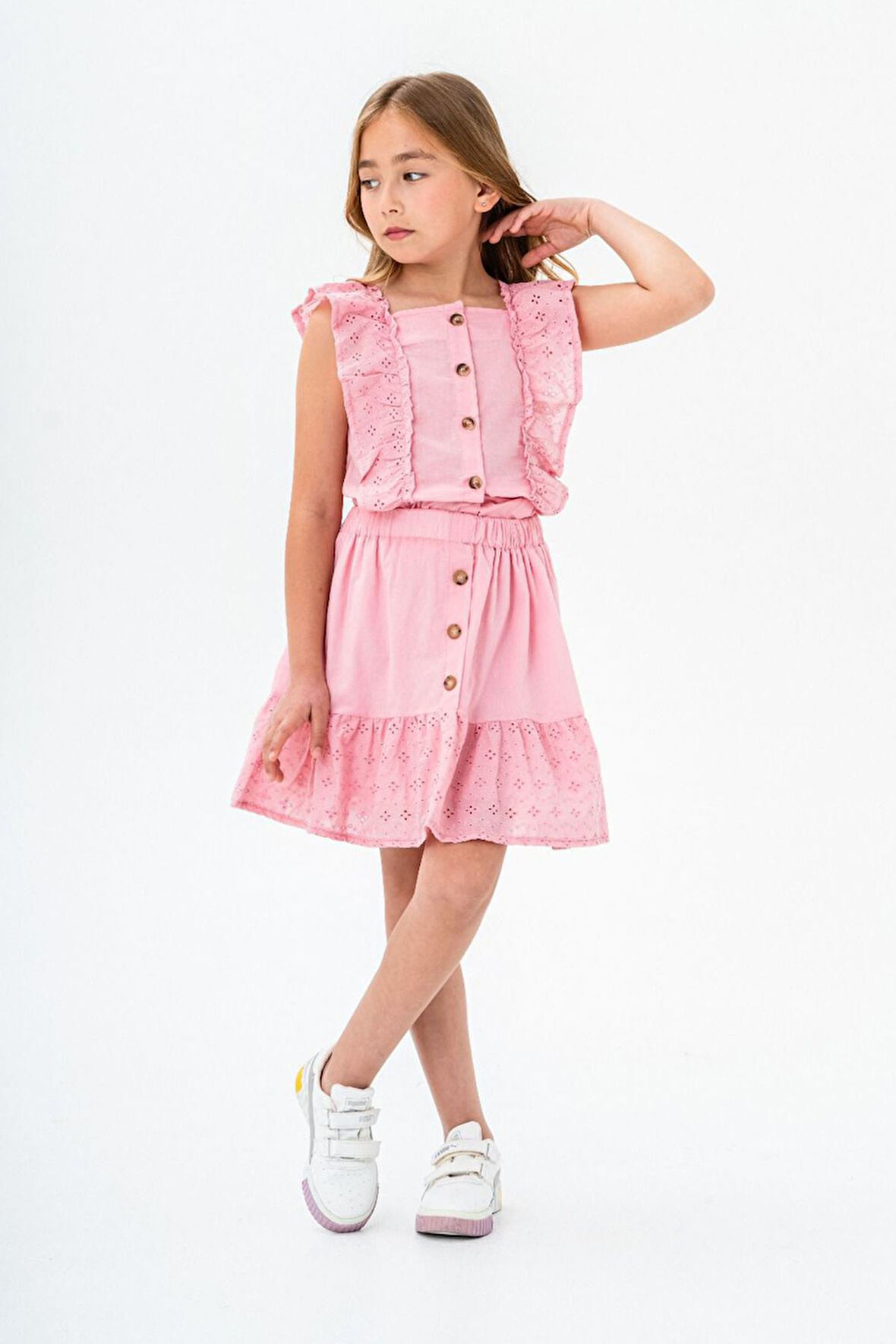 Miniğimin Cicileri Brodeli Kız Çocuk Etekli 2 li Takım - Pembe