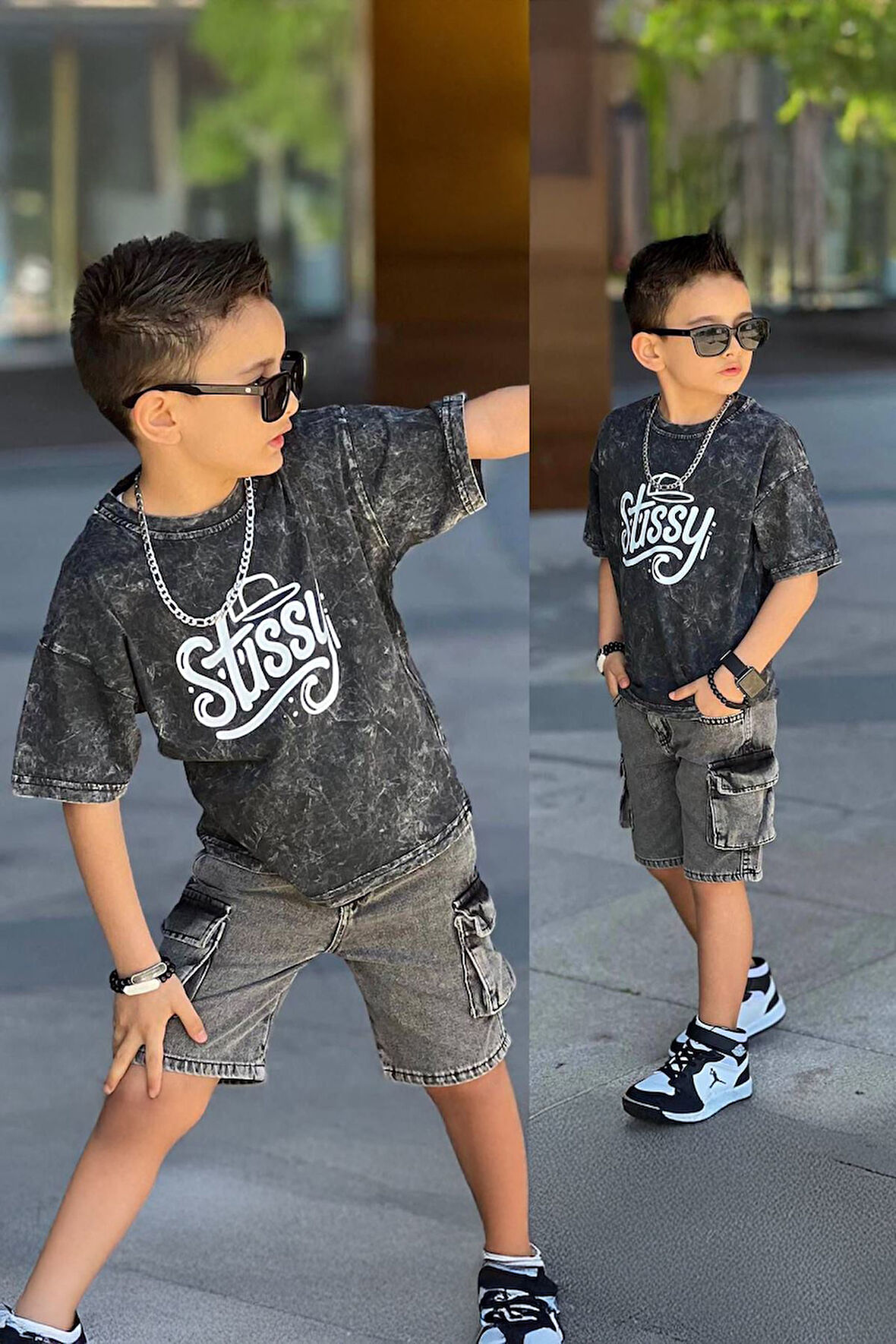 Miniğimin Cicileri Stissy Baskılı Süprem Kot Şortlu Erkek Çocuk Takım - Antrasit