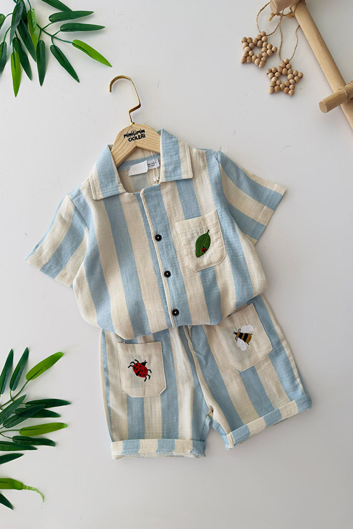 Miniğimin Cicileri Uğur Böceği İşleme Detaylı Çizgili Unisex Çocuk Pamuklu Takım - Mavi