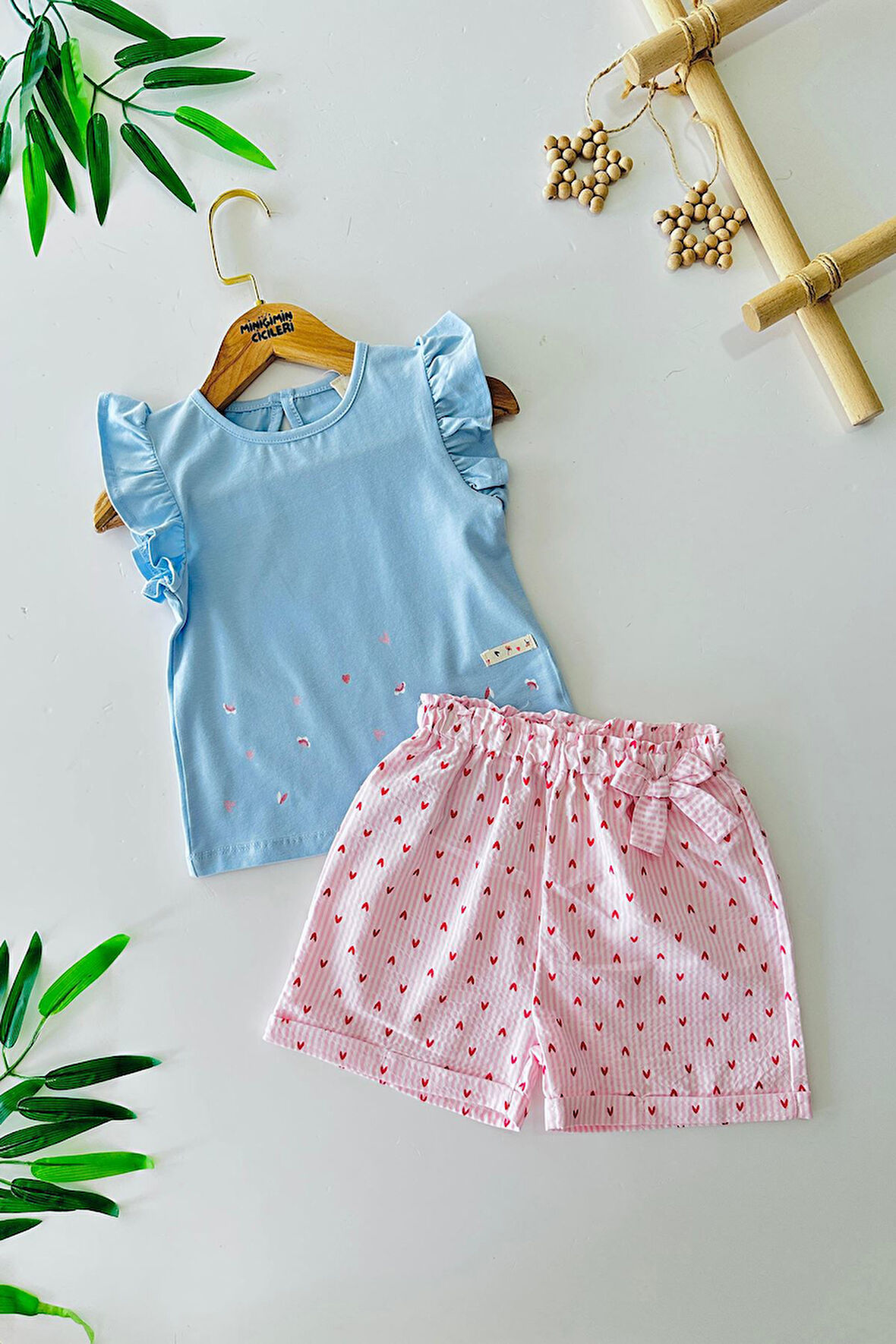 Miniğimin Cicileri Kalp Baskılı Fırfır Detaylı Kız Bebek 2 li Takım - Mavi