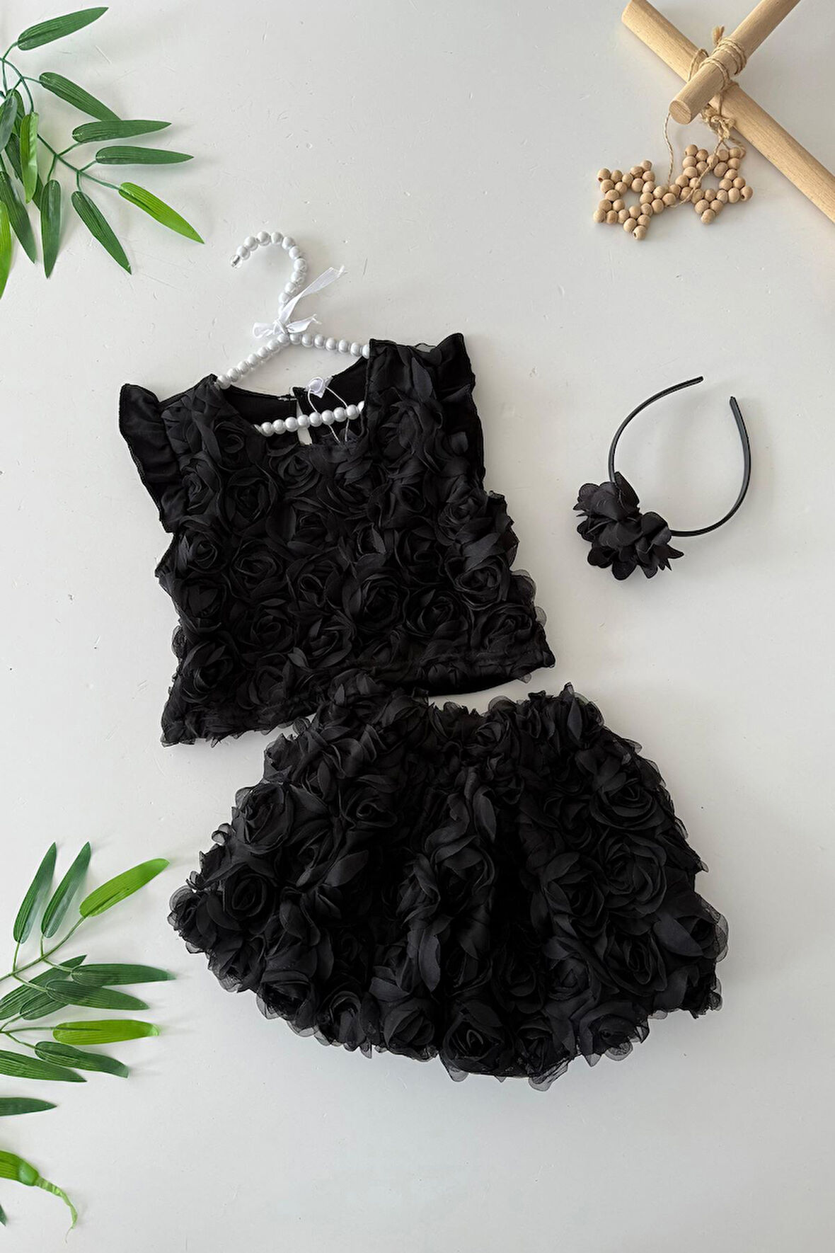Miniğimin Cicileri 3 boyutlu Gül Desenli Kız Çocuk Penye Etekli Takım - Siyah