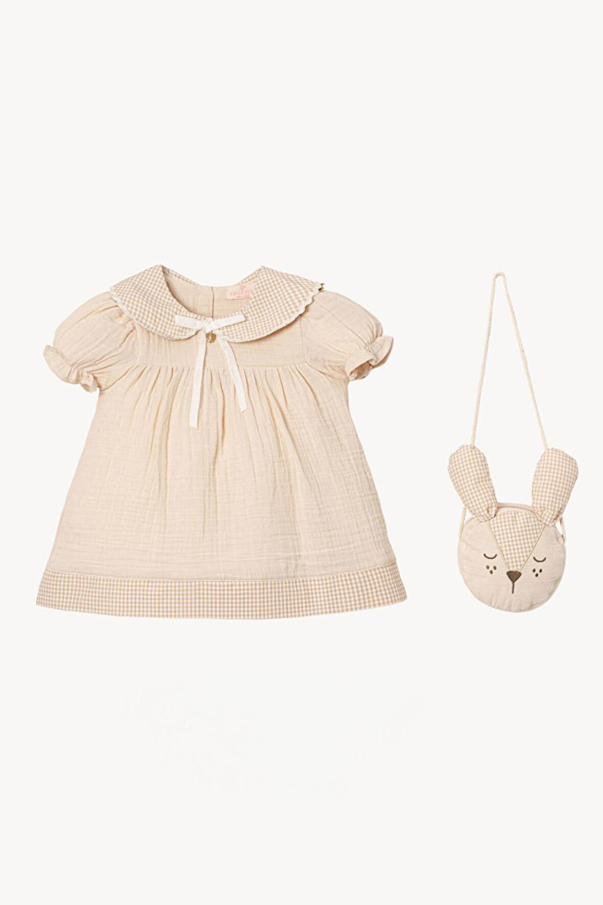 Miniğimin Cicileri Müslin Bebe Yaka Tavşan Çantalı Kız Çocuk Elbise - Bej
