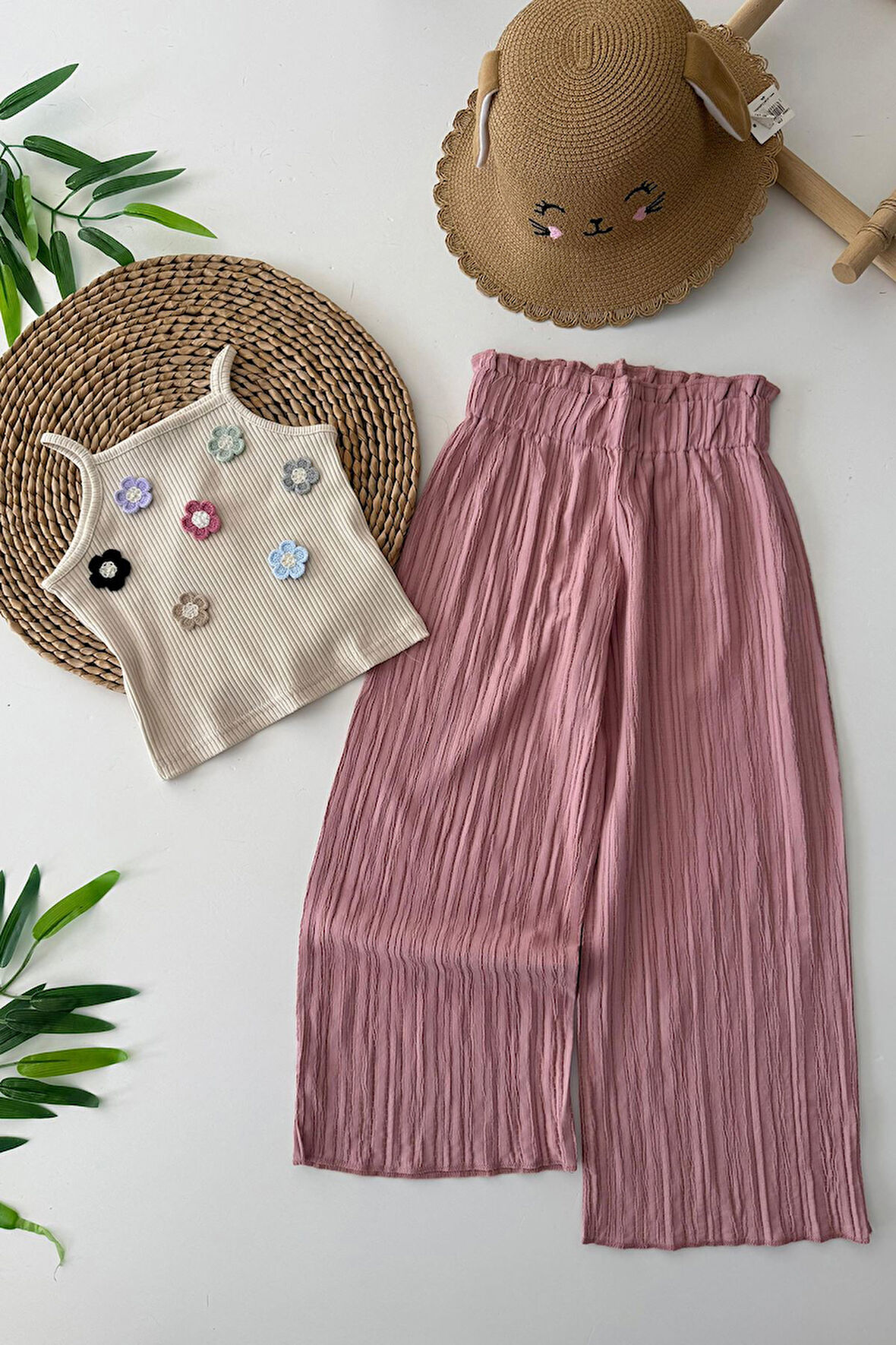 Miniğimin Cicileri Papatya Örgü Detaylı Bol Pantolonlu Kız Çocuk 2 li Takım - Pembe