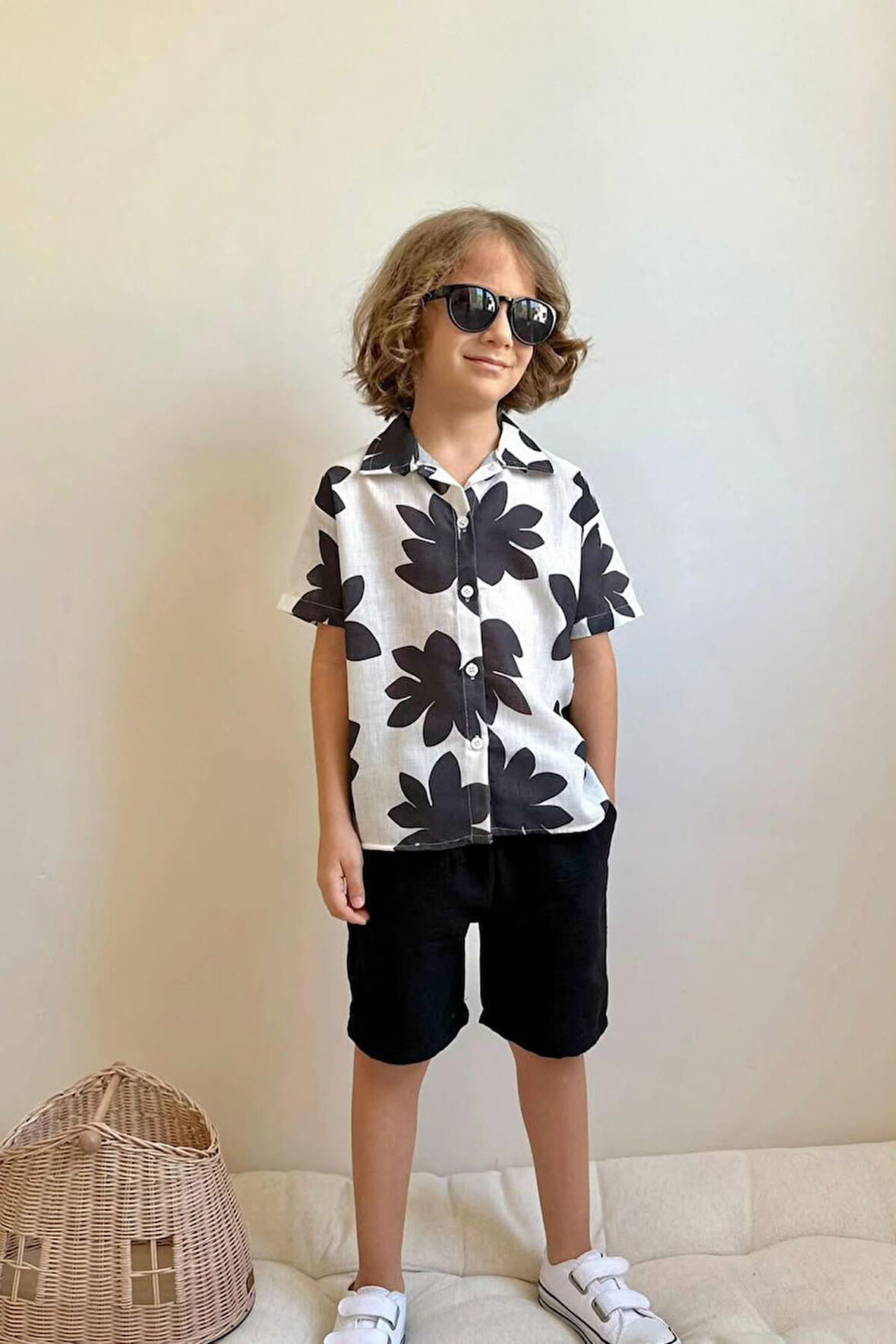 Miniğimin Cicileri Yaprak Desenli Müslin Şortlu Erkek Çocuk Takım - Siyah