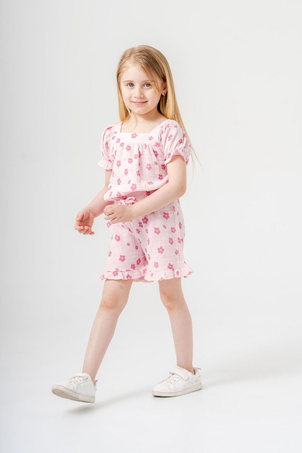 Miniğimin Cicileri Çiçek Baskı Müslin Kız Çocuk Şortlu Takım - Pembe