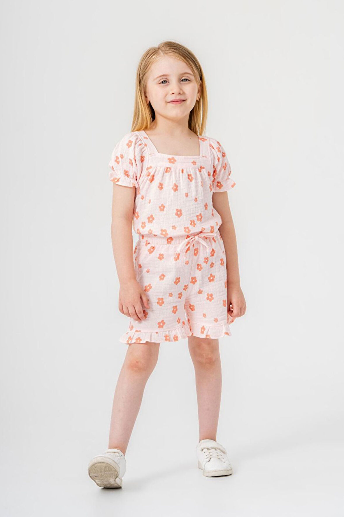 Miniğimin Cicileri Çiçek Baskı Müslin Kız Çocuk Şortlu Takım - Somon