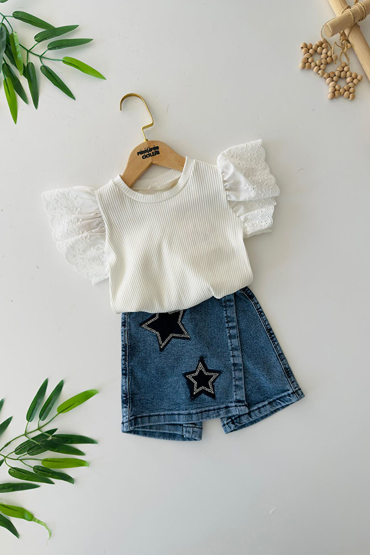 Miniğimin Cicileri Yıldız Baskılı Şort Etekli Brode Kol Detaylı Kız Çocuk 2 li Takım - Mavi