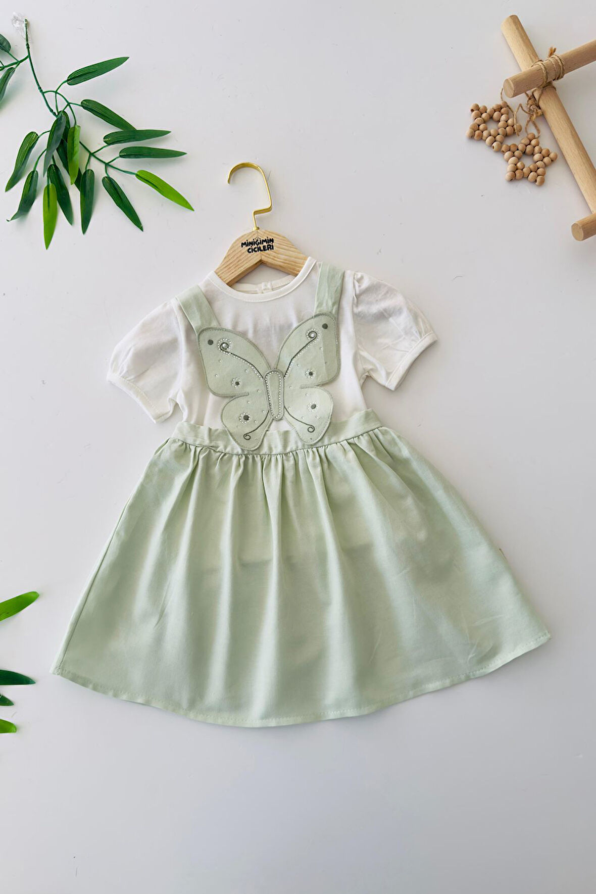 Miniğimin Cicileri Kelebek Aplike İşlemeli Kız Bebe 2 li Elbise - Yeşil