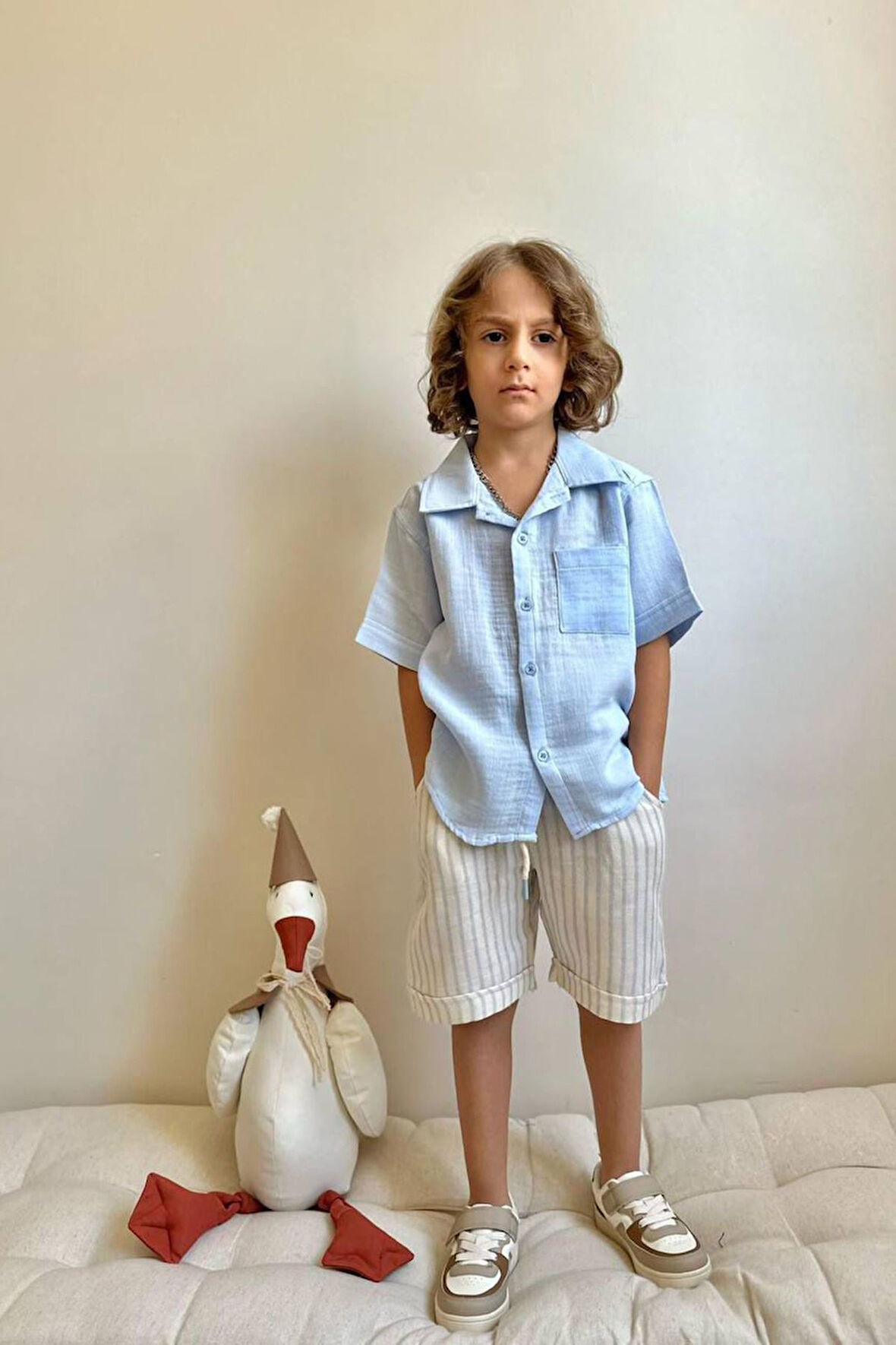 Miniğimin Cicileri Müslin Cepli Gömlekli Çizgili Şortlu Erkek Çocuk Takım - Mavi