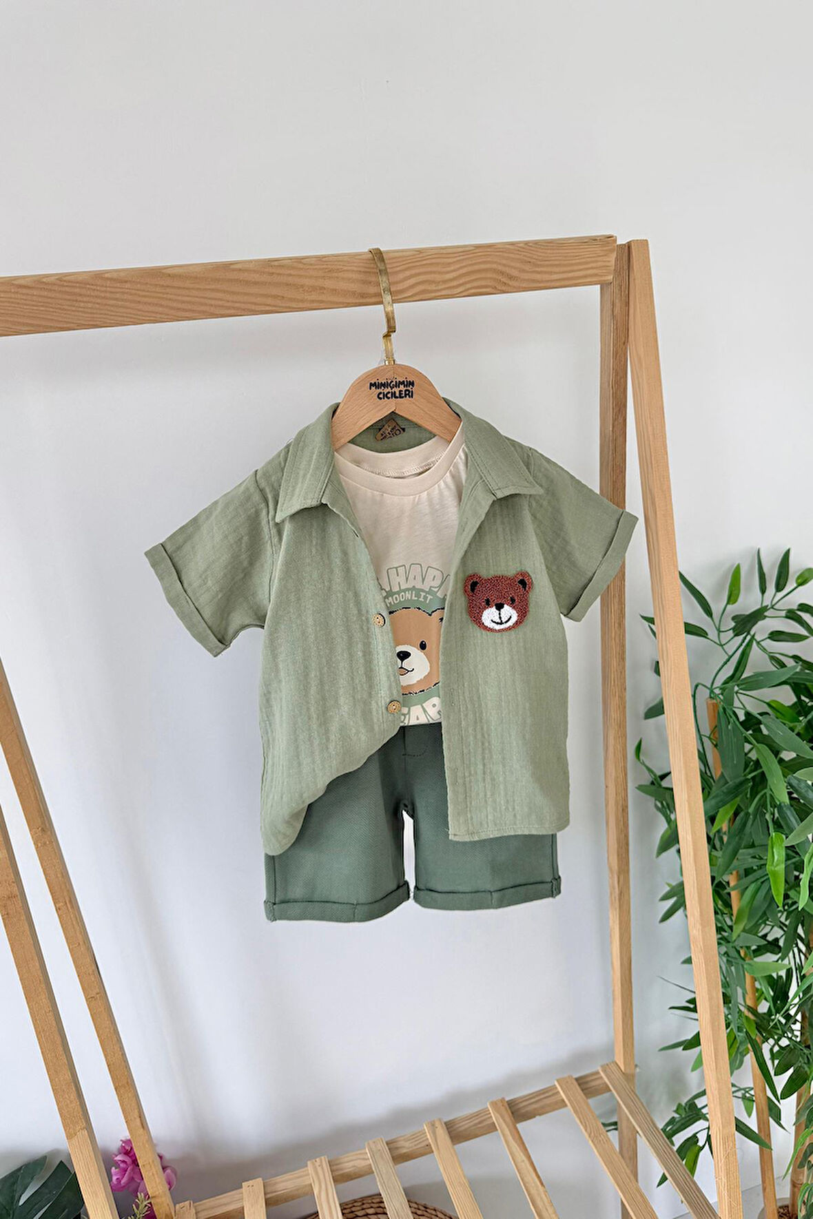 Miniğimin Cicileri Bear Panç İşleme Detaylı Müslin Erkek 3 lü Takım - Yeşil
