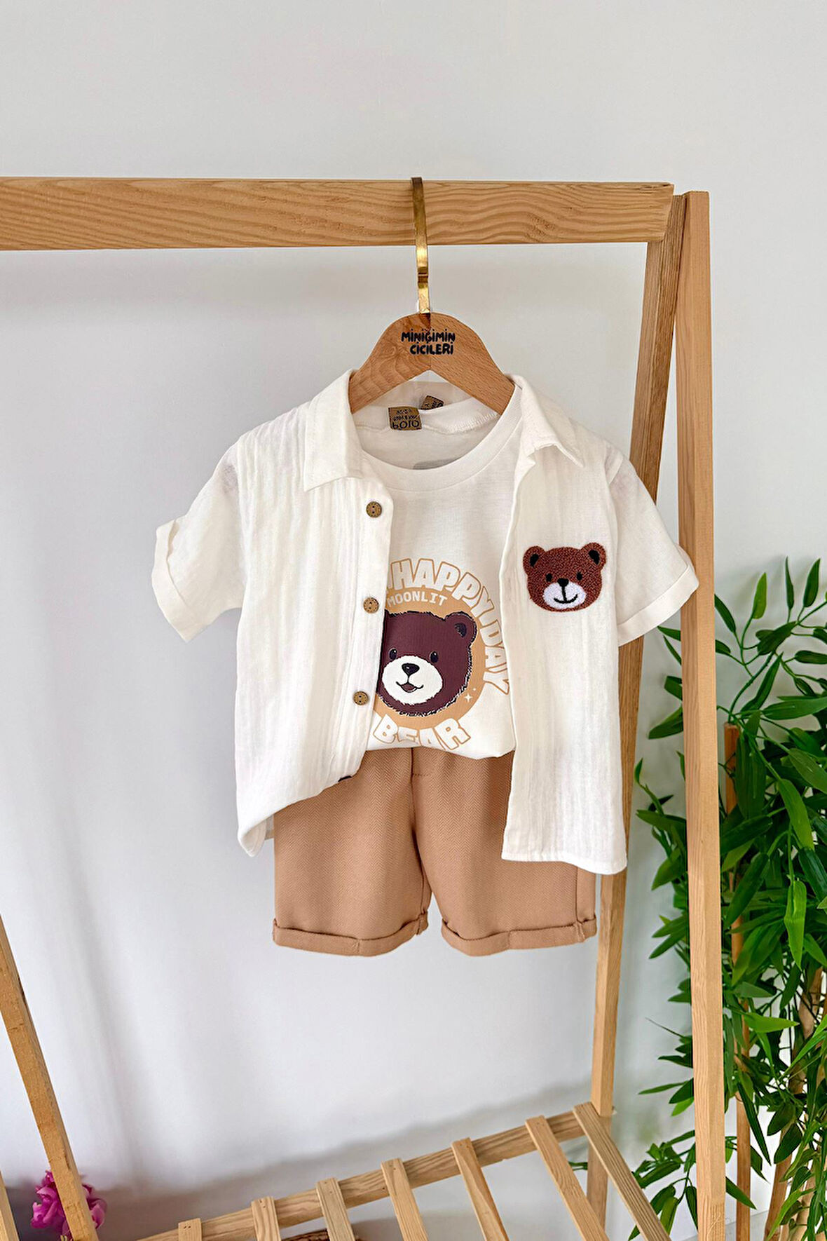 Miniğimin Cicileri Bear Panç İşleme Detaylı Müslin Erkek 3 lü Takım - Beyaz