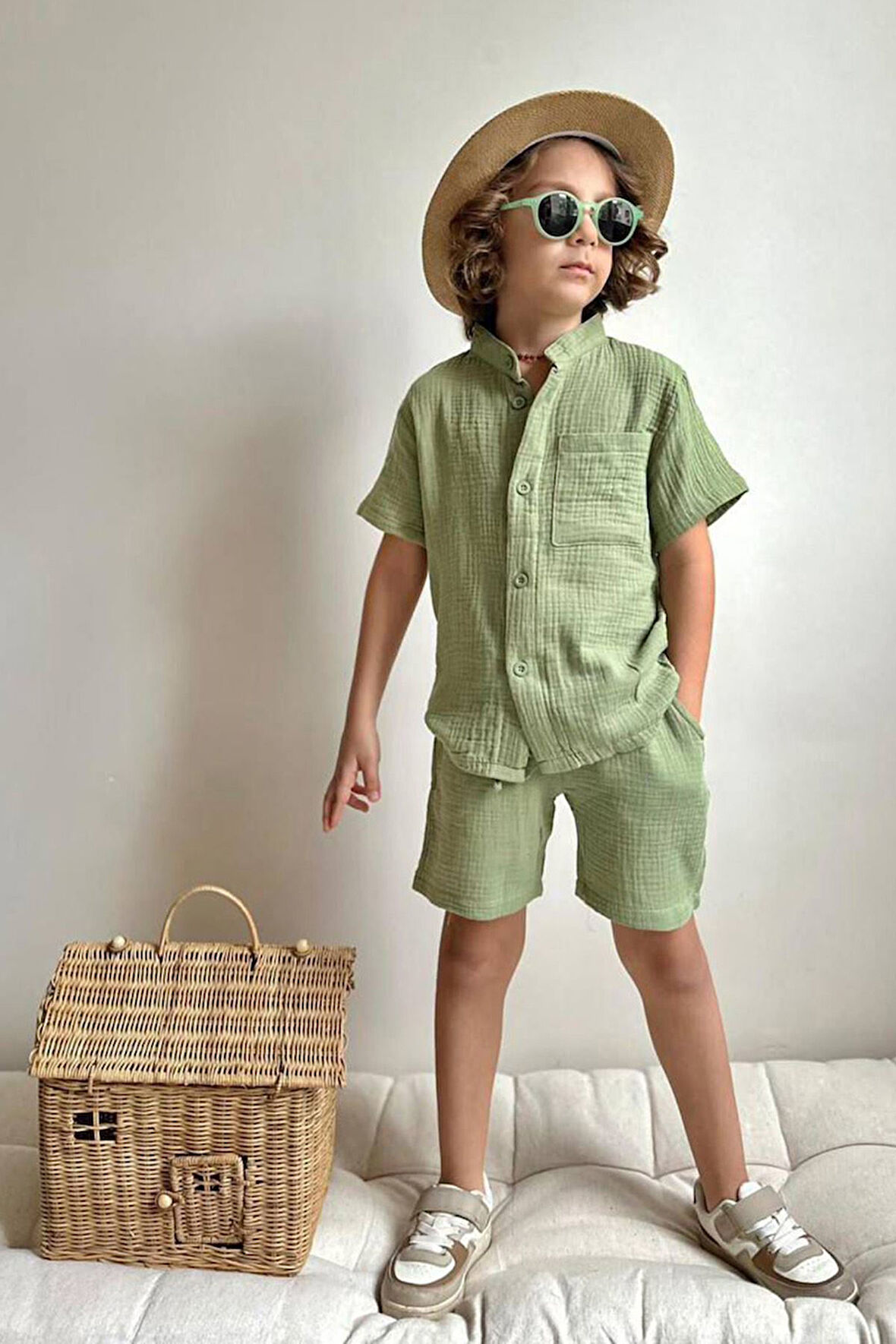Miniğimin Cicileri Nefes Alan Müslin Kumaş Cepli Yazlık Erkek Çocuk Rahat Takım - Yeşil