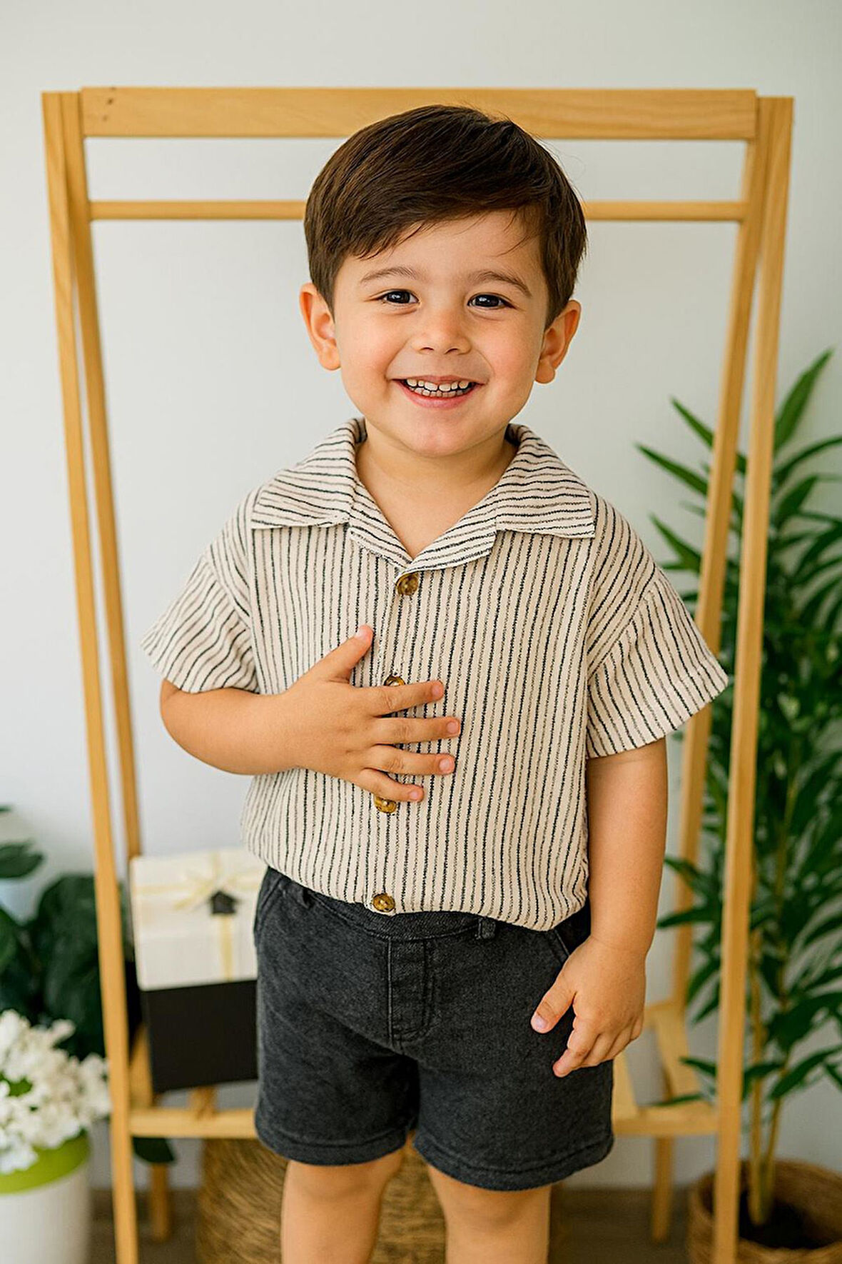 Miniğimin Cicileri Çizgili Gömlekli Erkek Çocuk 2 li Rahat Takım - Antrasit