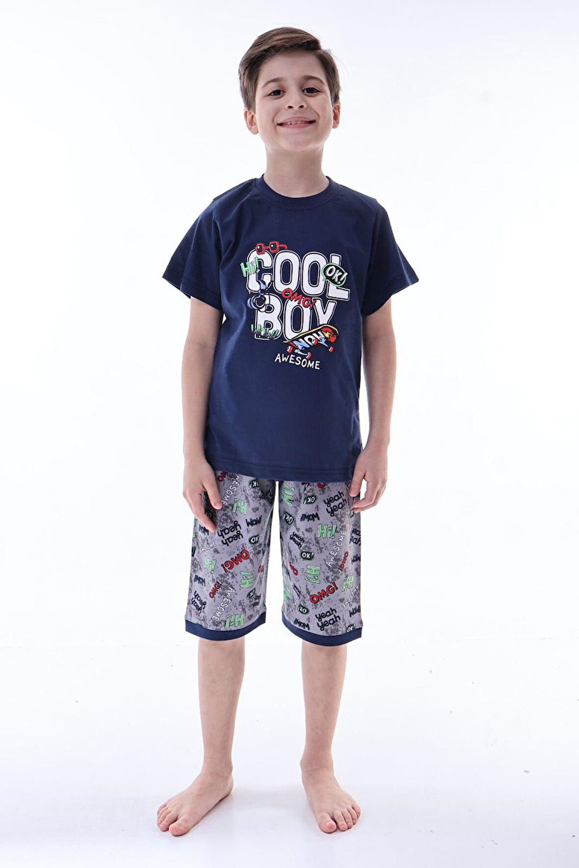 Miniğimin Cicileri (6-11 Yaş) Cool Boy Desenli Erkek  Çocuk Kapri Takım - Lacivert