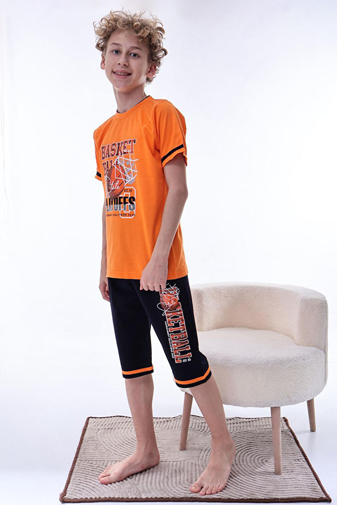 Miniğimin Cicileri (6-11 Yaş) Basketbol Desenli Erkek Çocuk Kapri Takım - Turuncu