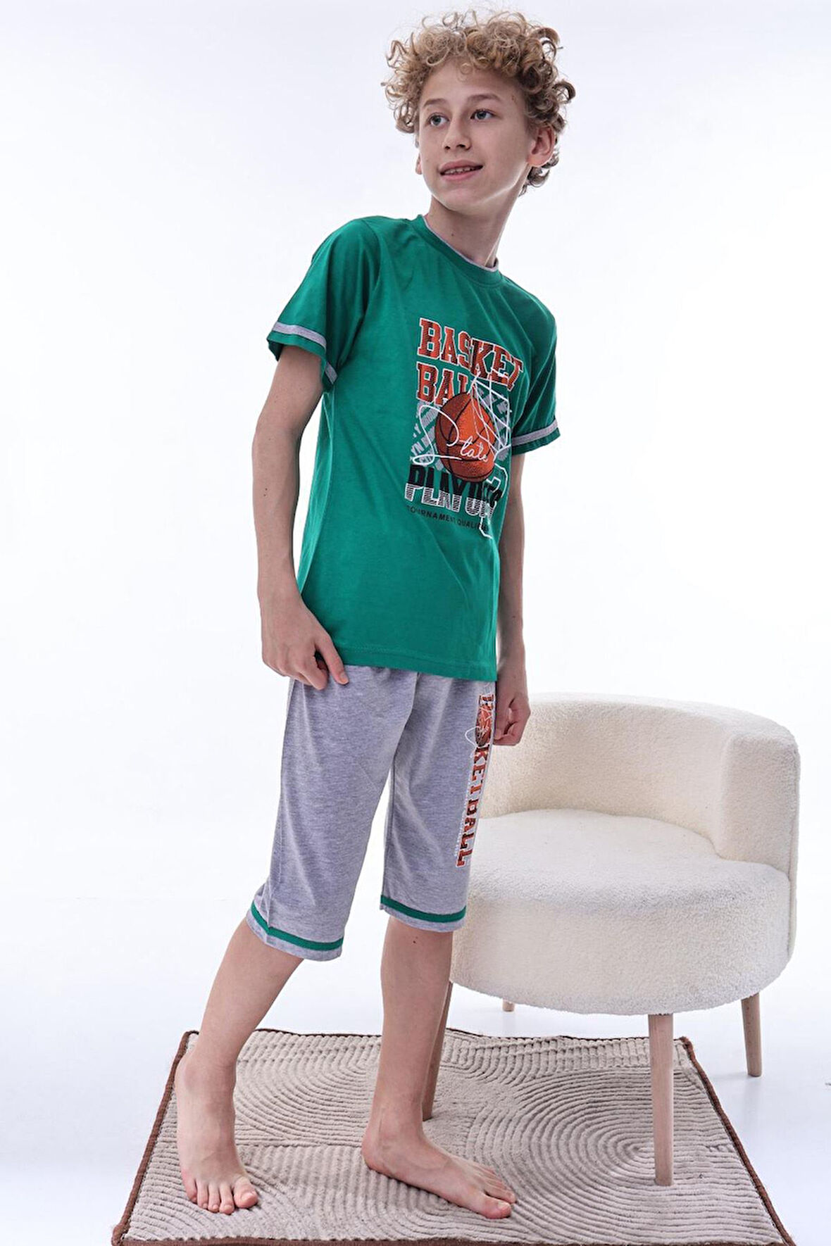 Miniğimin Cicileri (11-14 Yaş) Basketbol Desenli Erkek  Çocuk Kapri Takım - Yeşil