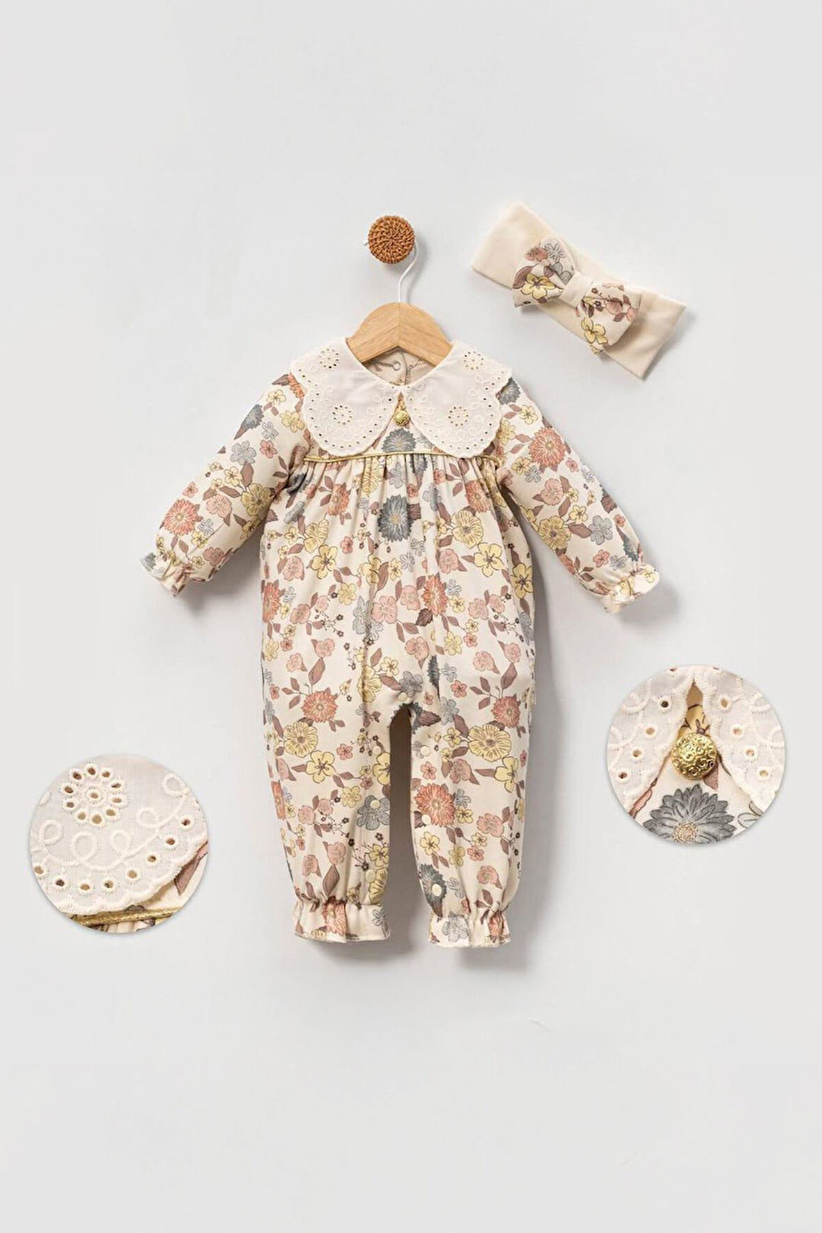 Miniğimin Cicileri Fisto Yaka Detaylı Kız Bebe Karışık Desen Tulum - Bej