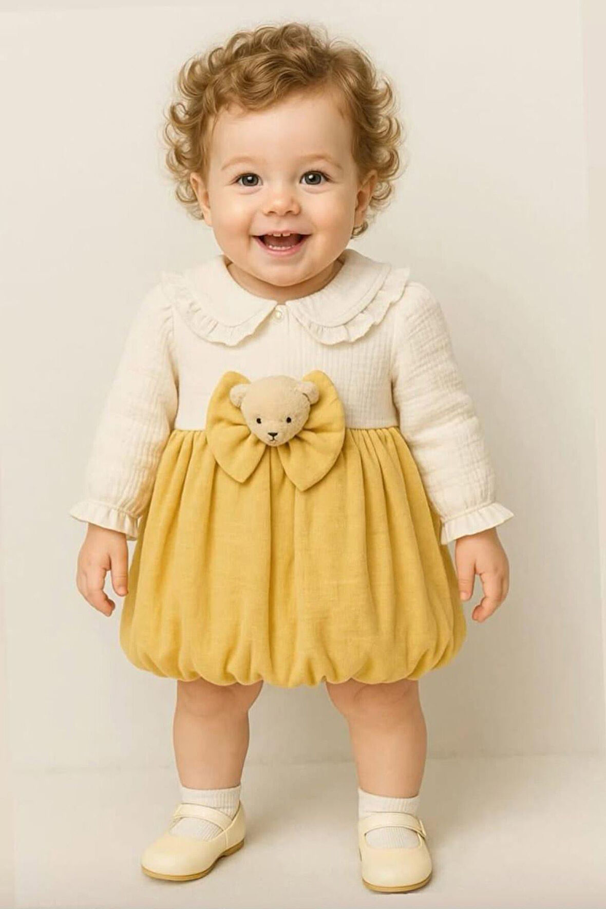 Miniğimin Cicileri Müslin Ayıcık Detaylı Kız Bebe Elbise - Sarı