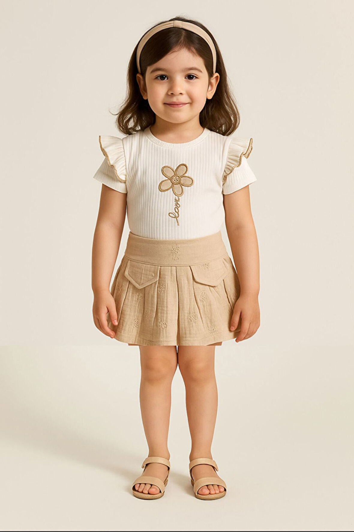 Miniğimin Cicileri Müslin Papatya Detaylı Kız Çocuk Şort Etekli Takım - Bej