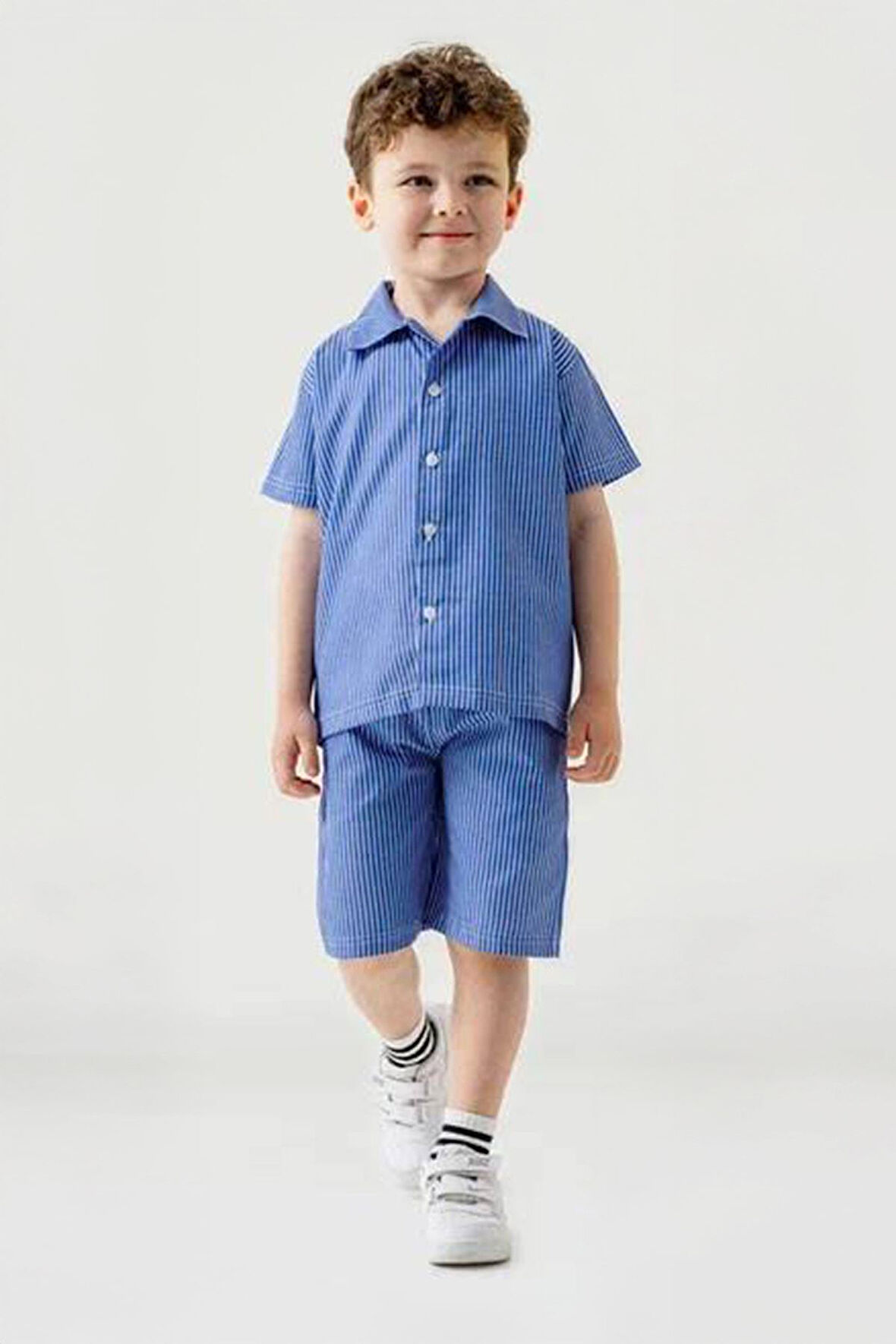 Miniğimin Cicileri Çizgili Gömlek Şortlu Keten Erkek Çocuk 2 li Takım - Koyu Mavi