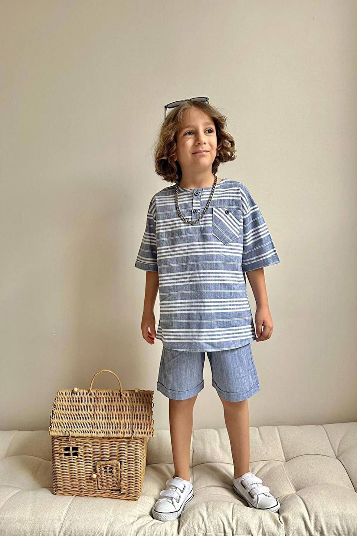 Miniğimin Cicileri Cep Detaylı Tişört Şortlu Keten Erkek Çocuk 2 li Takım - Mavi