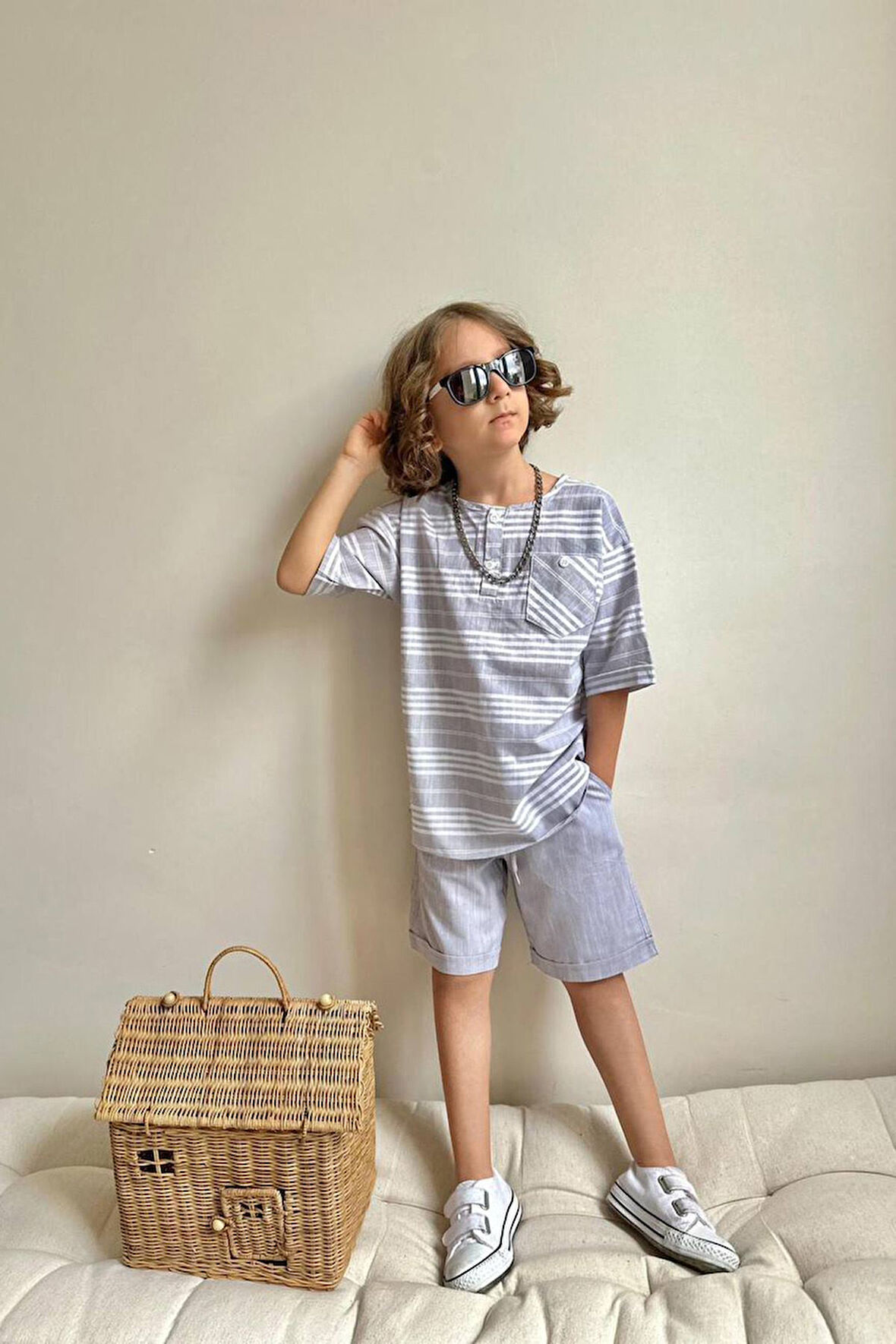 Miniğimin Cicileri Cep Detaylı Tişört Şortlu Keten Erkek Çocuk 2 li Takım - Gri