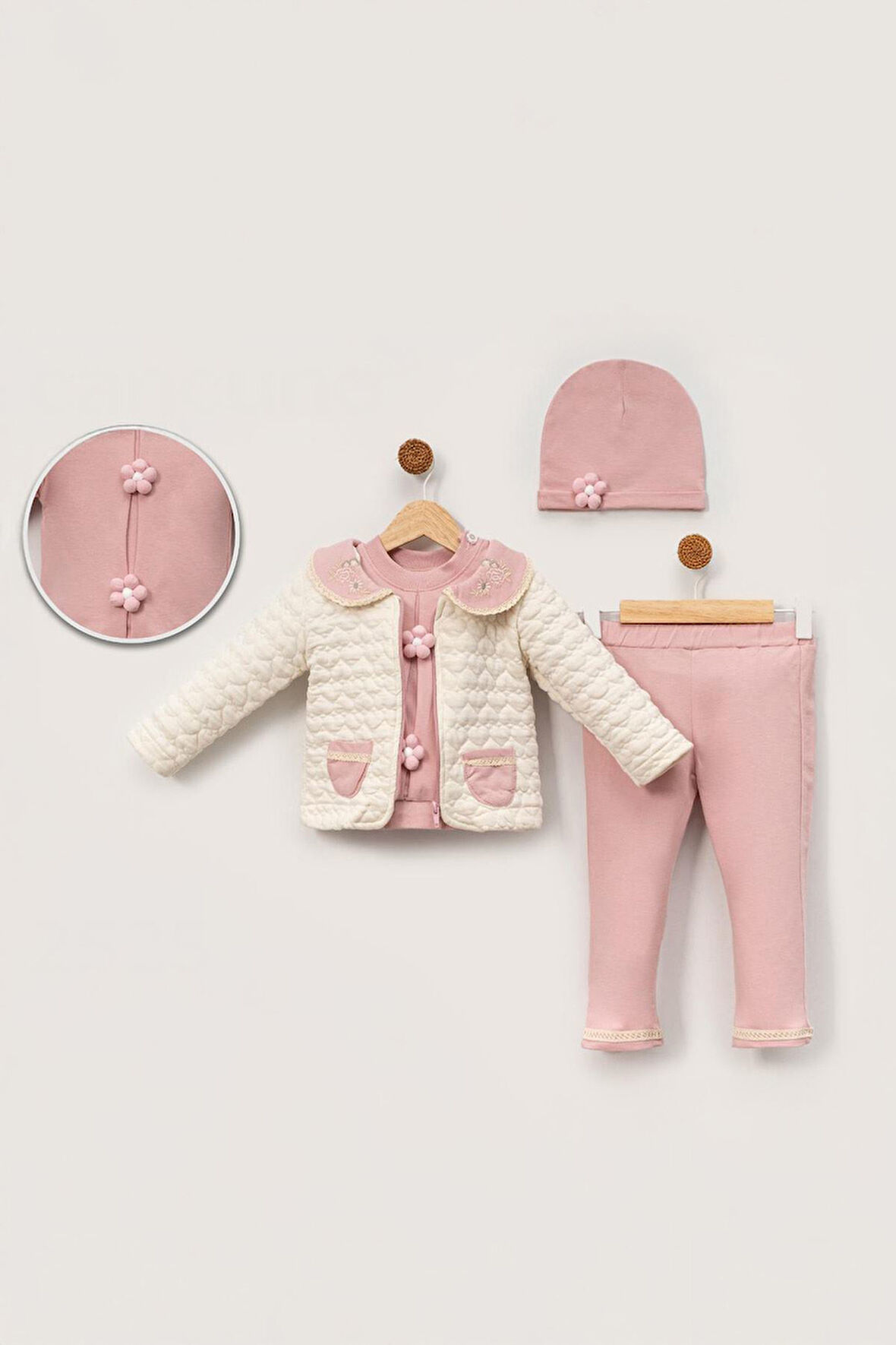 Minigimin Cicileri Yaka Nakış Papatya Motif Desen 4 lü Kız Bebek Takım - Pembe