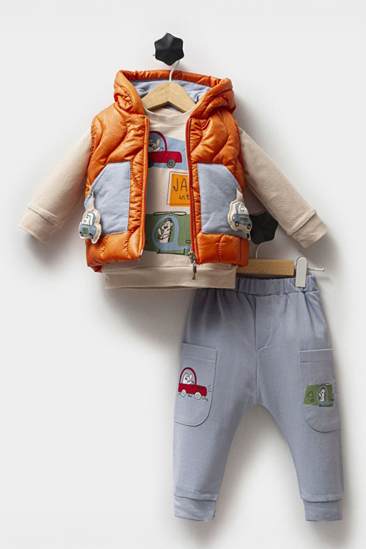 Miniğimin Cicileri Araba Detaylı Şişme Yelekli Erkek Bebe 3 lü Takım - Turuncu