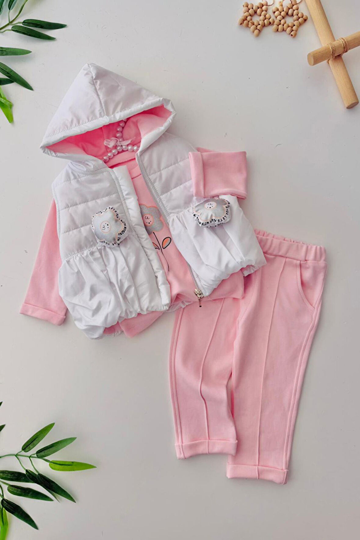 Miniğimin Cicileri Papatya 3d Detaylı Şişme Yelekli 3 lü Kız Bebe Takım - Pembe