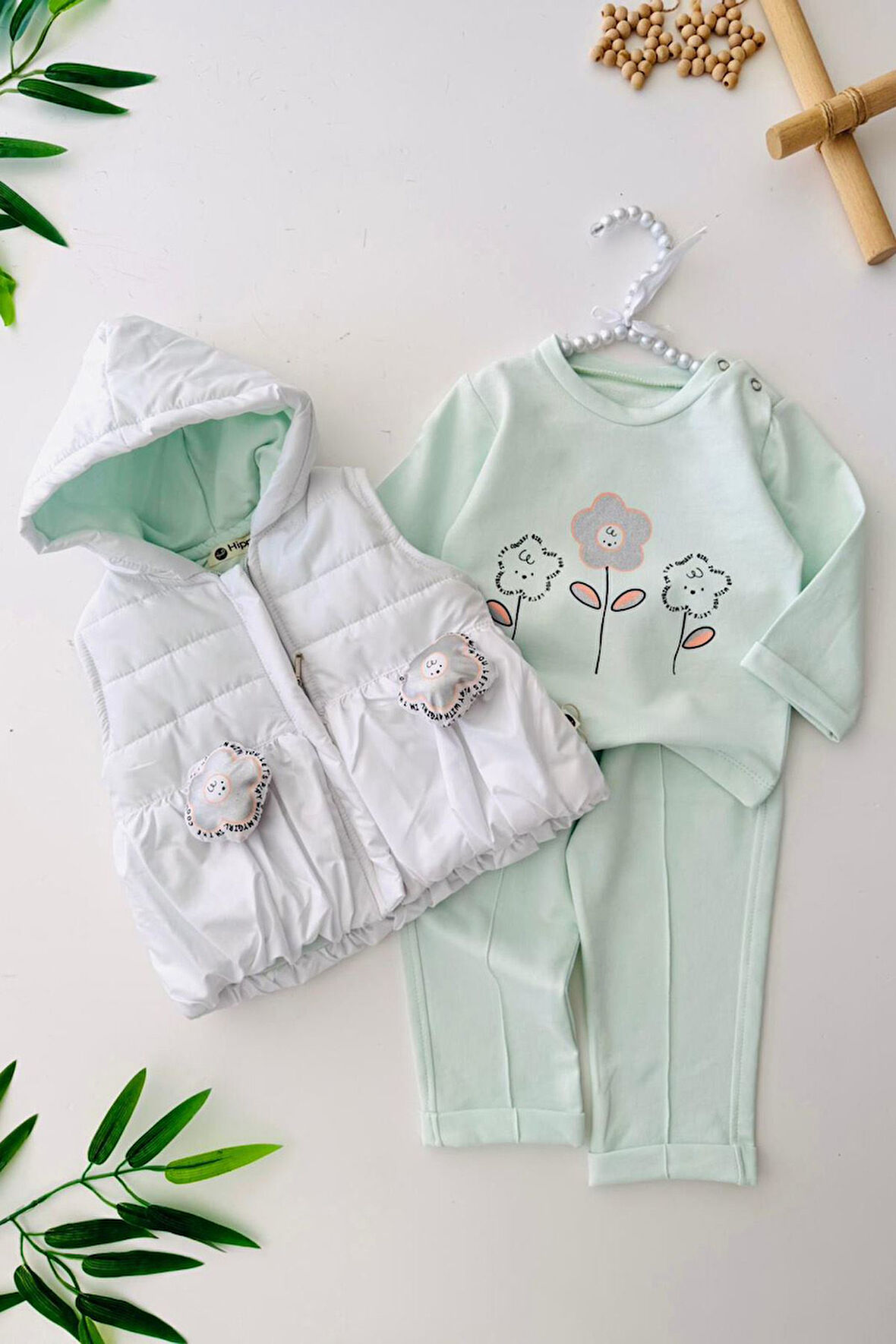 Miniğimin Cicileri Papatya 3d Detaylı Şişme Yelekli 3 lü Kız Bebe Takım - Su Yeşili