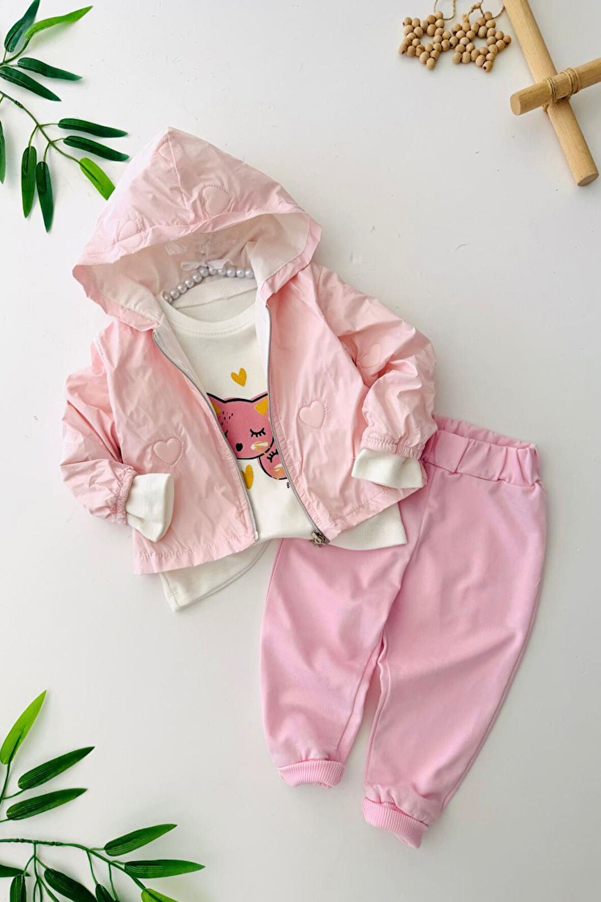 Miniğimin Cicileri Kalp Baskı Yağmurluklu Kız Bebe 3 Lü Takım - Pembe