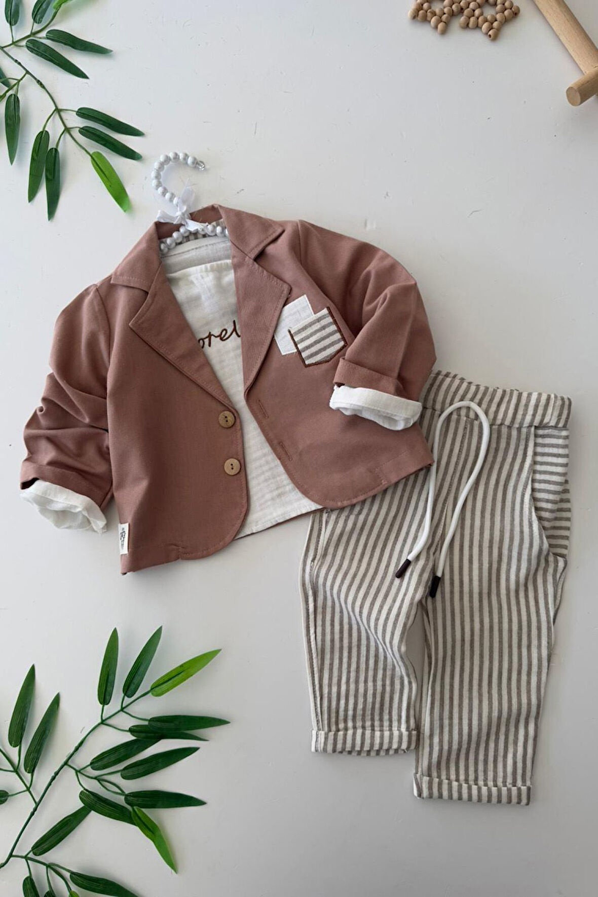 Miniğimin Cicileri Spor Müslin Düğmeli Ceketli 3 lü Takım - Vizon