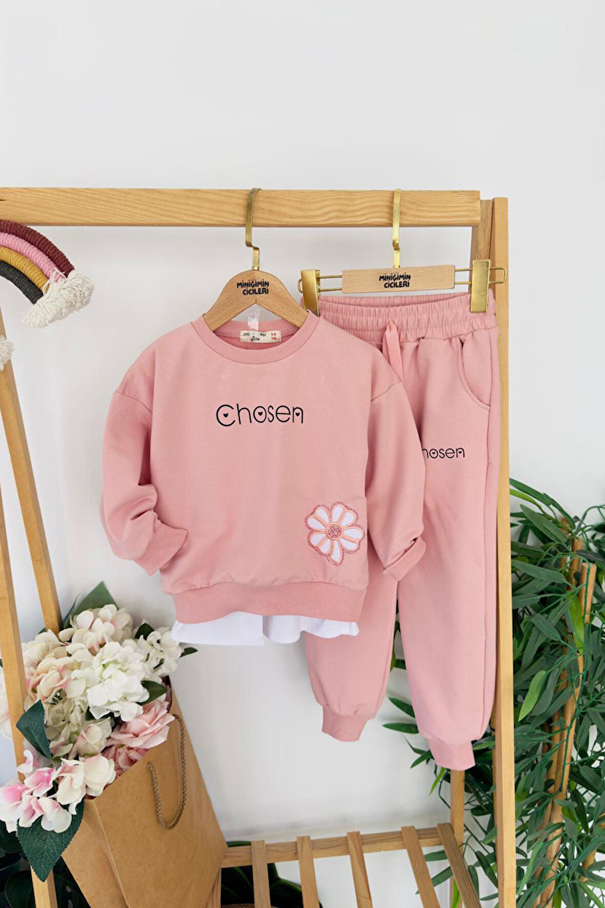 Miniğimin Cicileri Chosen Çiçek İşlemeli Gömlek Detaylı  Kız Çocuk 2 li Takım - Pembe