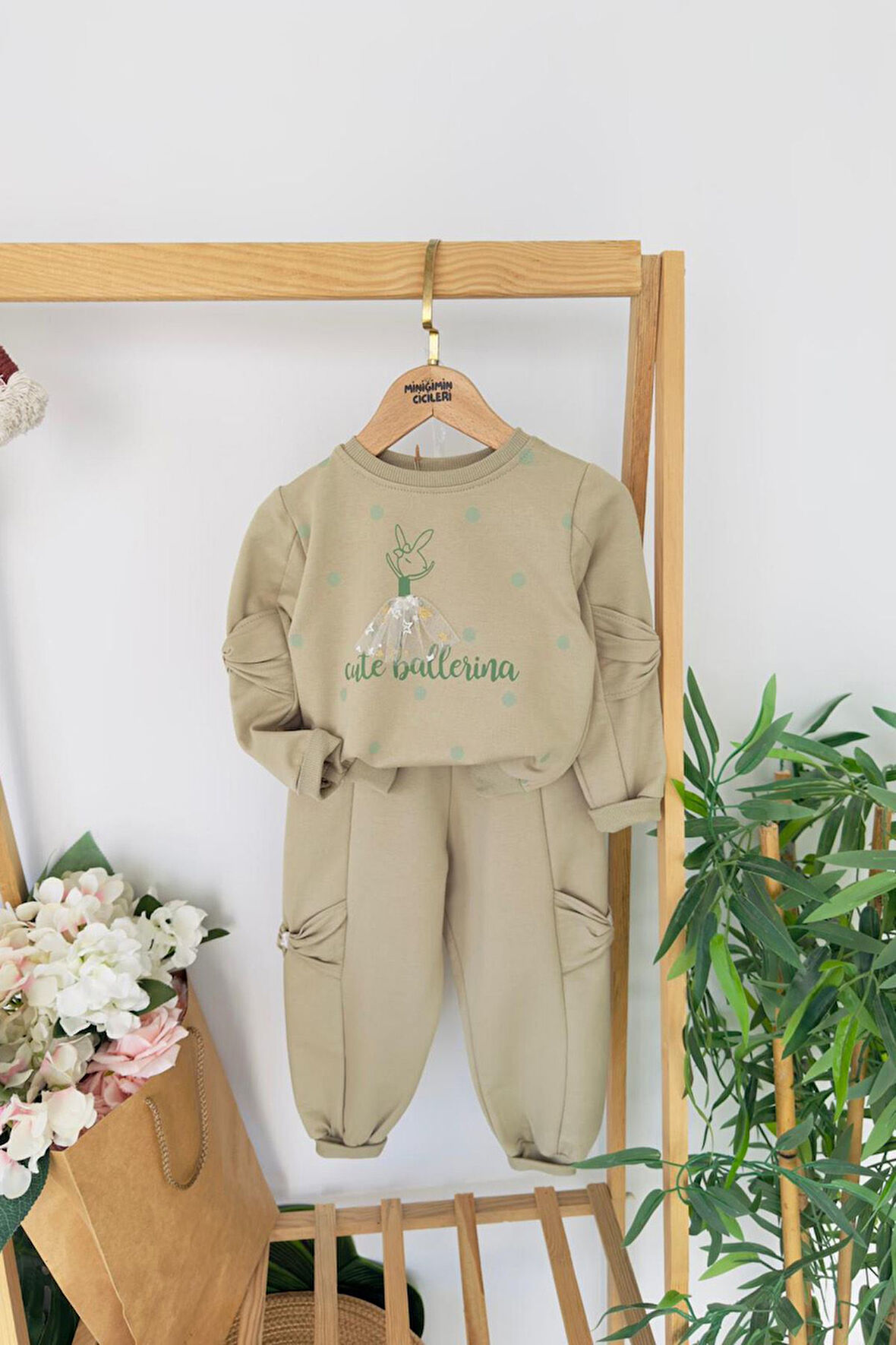 Miniğimin Cicileri Cute Balerina Desenki Fiyonk Detaylı Kız Çocuk 2 li Takım - Yeşil