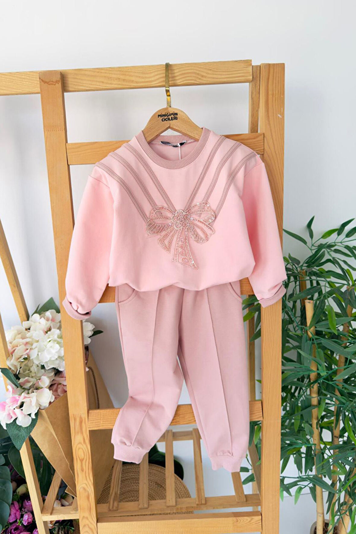 Miniğimin Cicileri Taşlı Fiyonk Detaylı Kız Çocuk 2’li Takım - Gül Kurusu