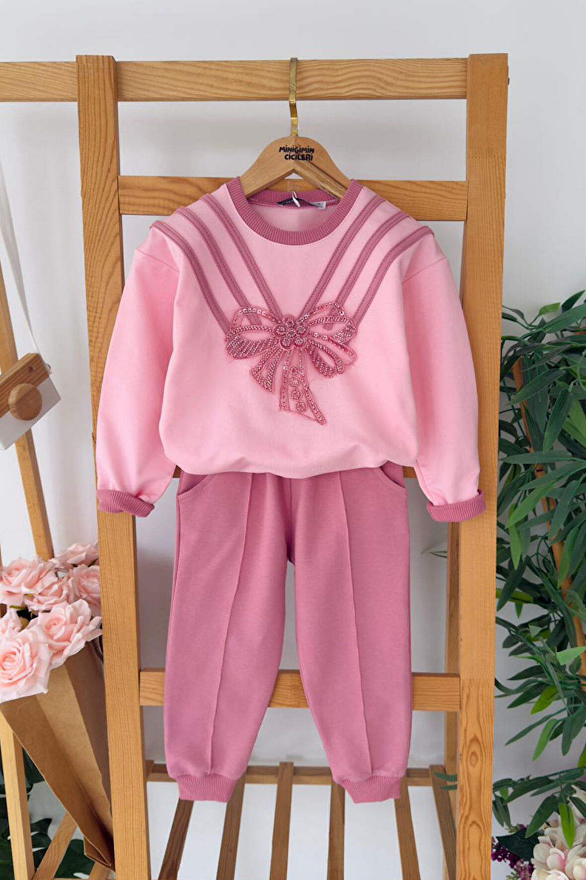 Miniğimin Cicileri Taşlı Fiyonk Detaylı Kız Çocuk 2’li Takım - Mürdüm
