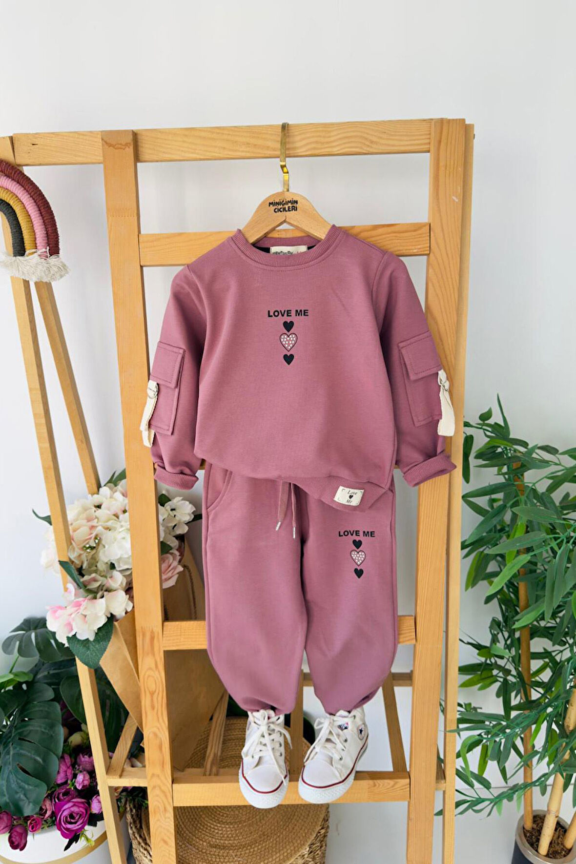 Miniğimin Cicileri Love Me Baskılı Kol Cep Detaylı Kız Çocuk 2 li Takım - Gül Kurusu