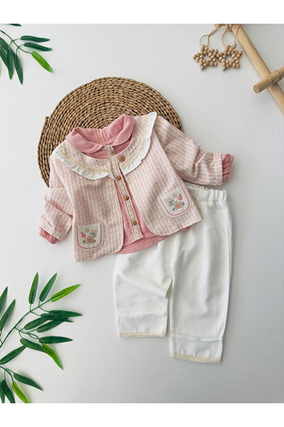 Miniğimin Cicileri Çiçek İşleme Detaylı 3 lü Kız Bebe Takım - Pembe