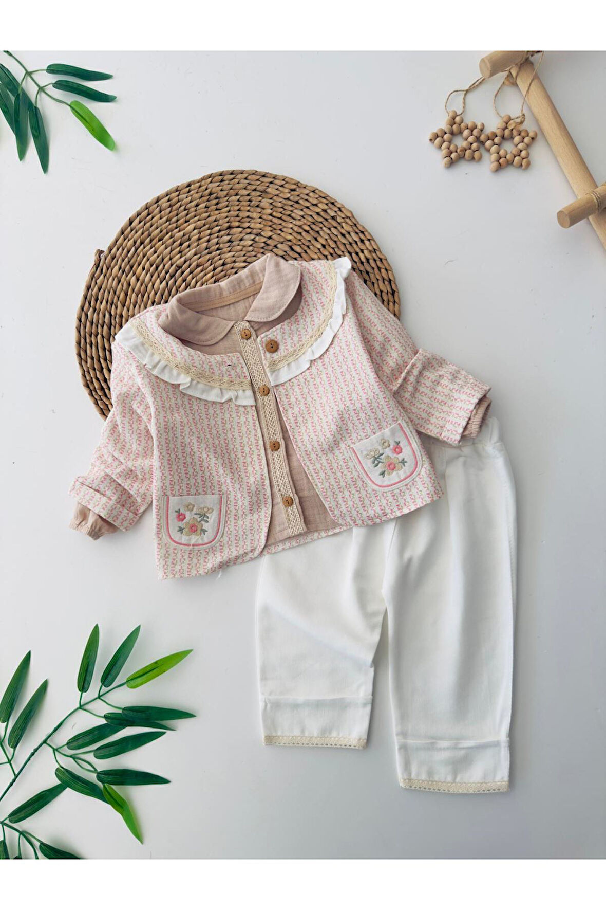 Miniğimin Cicileri Çiçek İşleme Detaylı 3 lü Kız Bebe Takım - Vizon