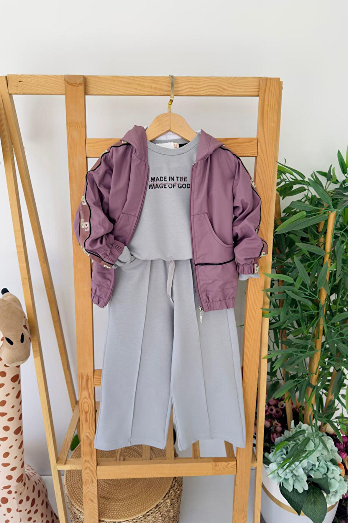 Miniğimin Cicileri Kapüşonlu Kol Taş İşleme Detaylı Kız Çocuk 3 Lü Eşofman Takım - Mor