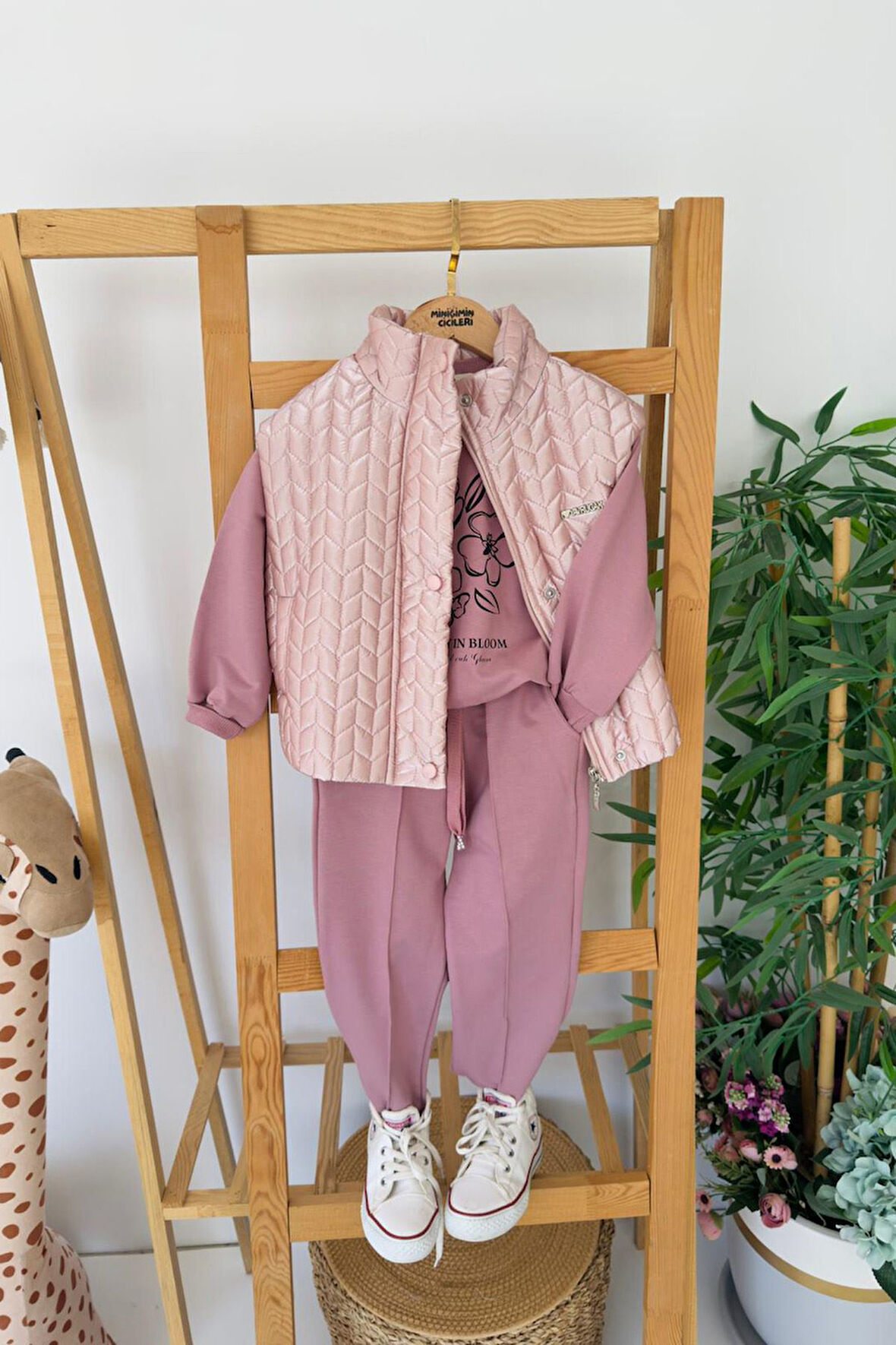 Miniğimin Cicileri Çiçek Baskılı Desenli Yelekli Kız Çocuk 3 lü Takım - Pembe