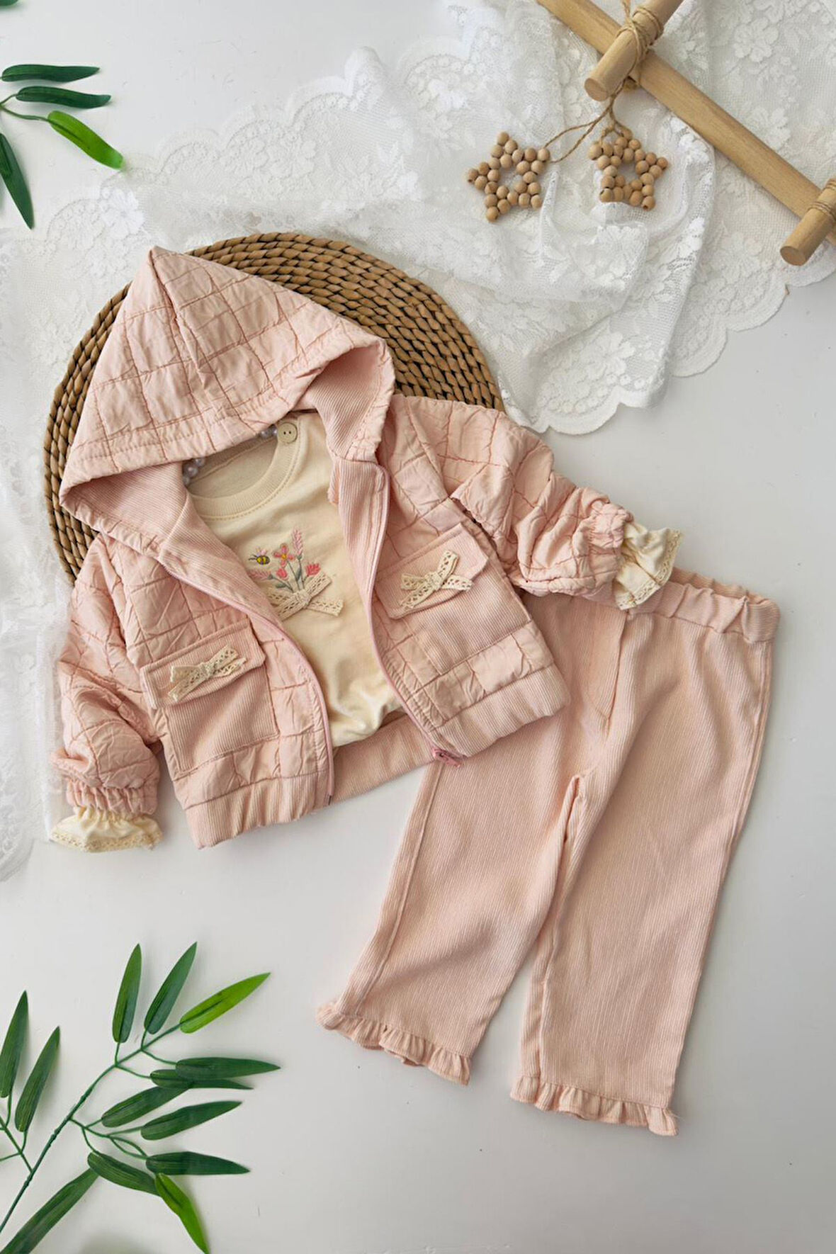 Miniğimin Cicileri Kapitone Kapüşonlu Kız Bebe İşlemeli 3 lü Takım - Somon