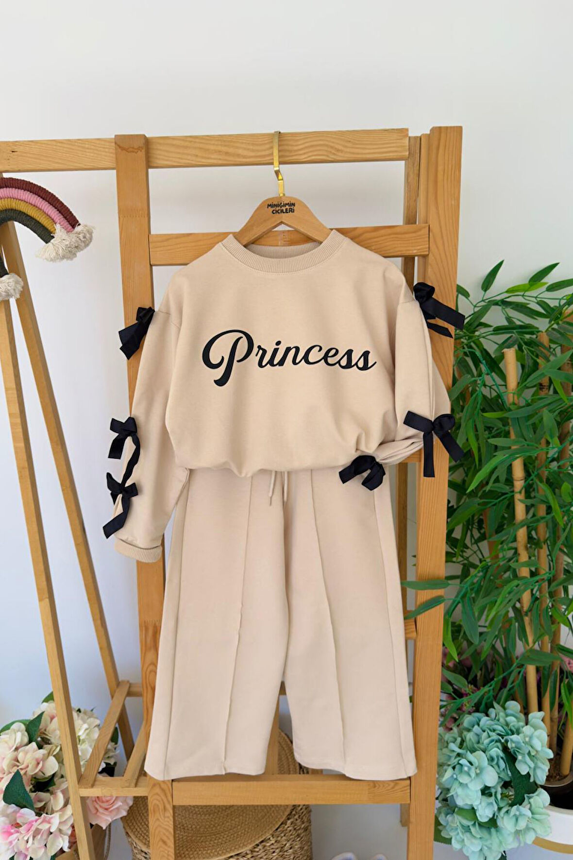 Miniğimin Cicileri Princes Fiyonk Detaylı Kız Çocuk 2 li Takım - Camel