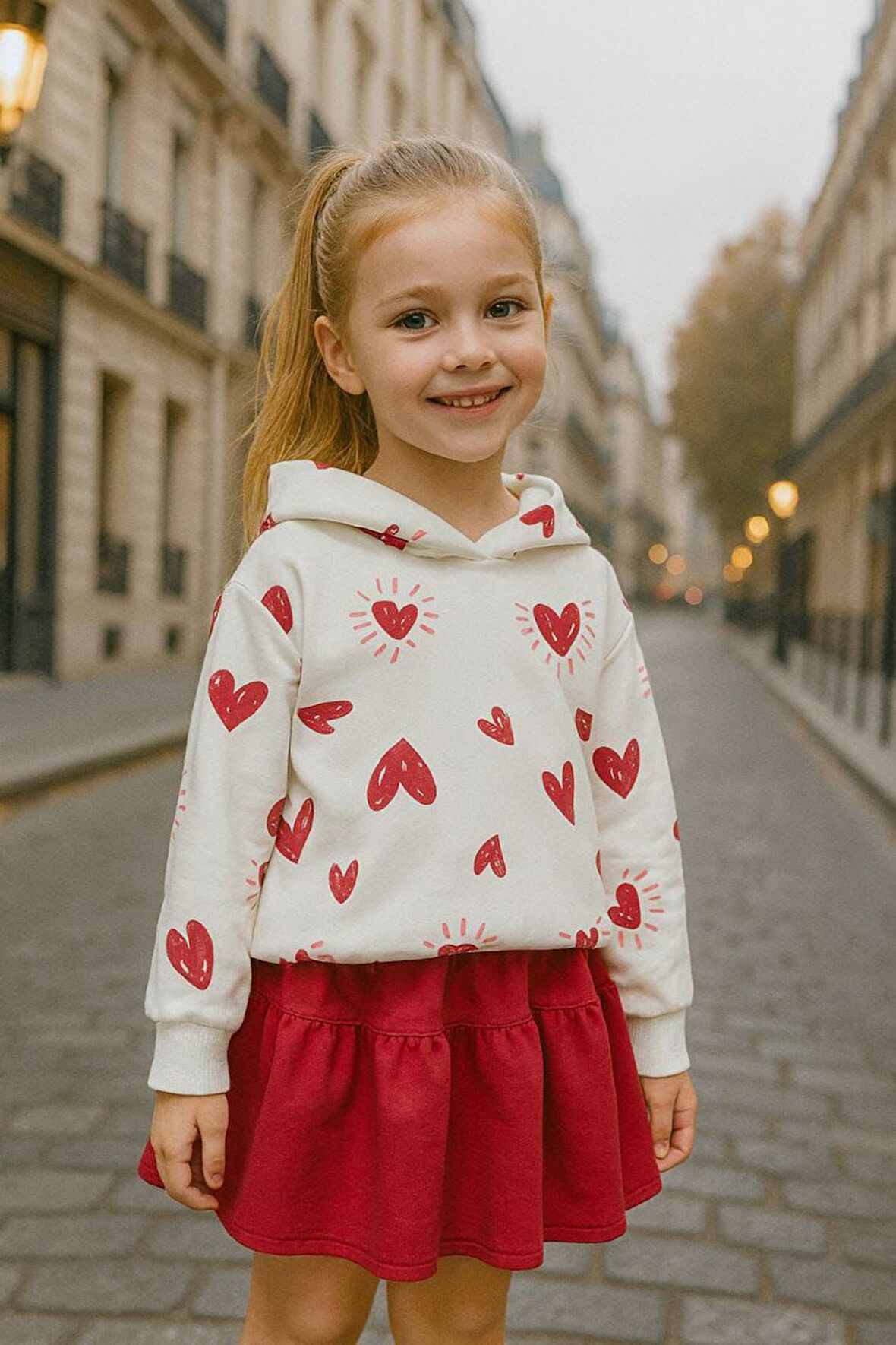 Miniğimin Cicileri Kalp Baskılı Kapüşonlu Kız Çocuk Etekli Takım - Kırmızı