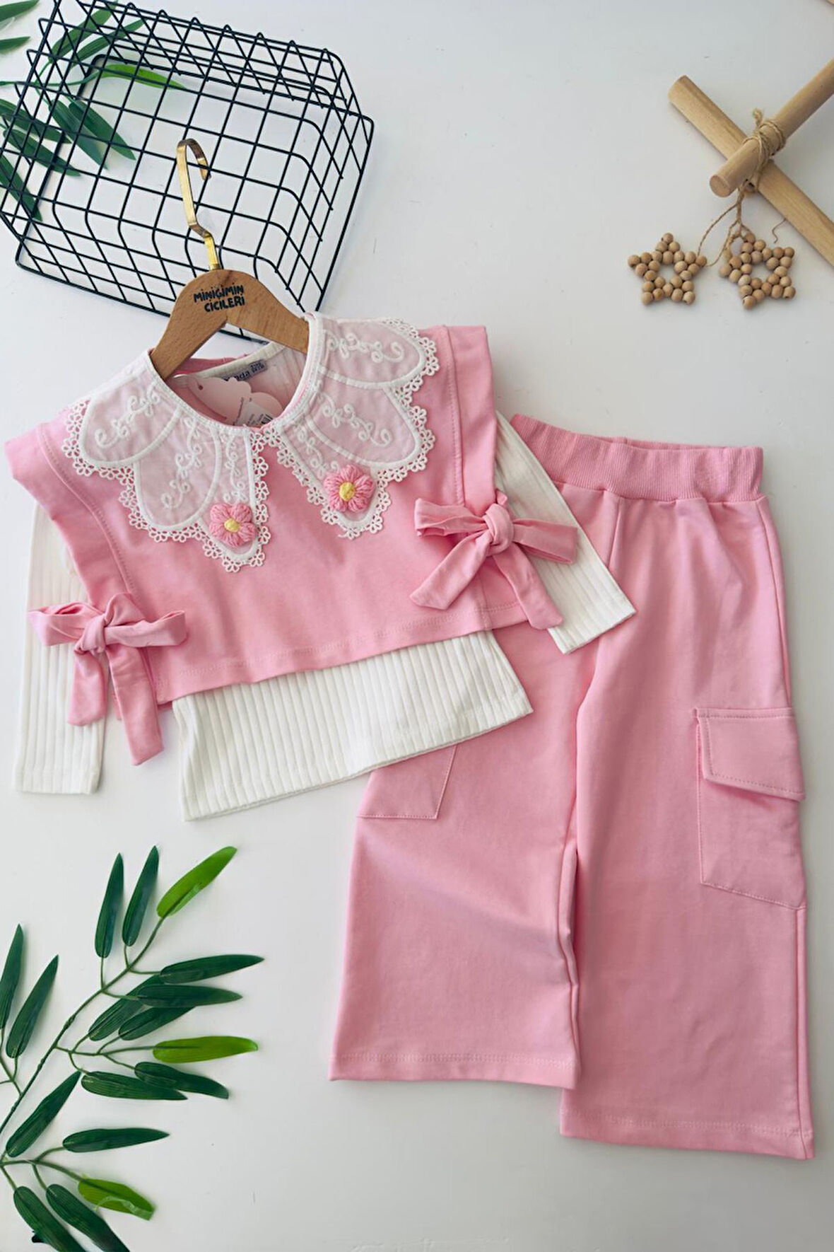 Miniğimin Cicileri Papatya Örgü Detaylı 3 lü Kız Çocuk Takım - Pembe