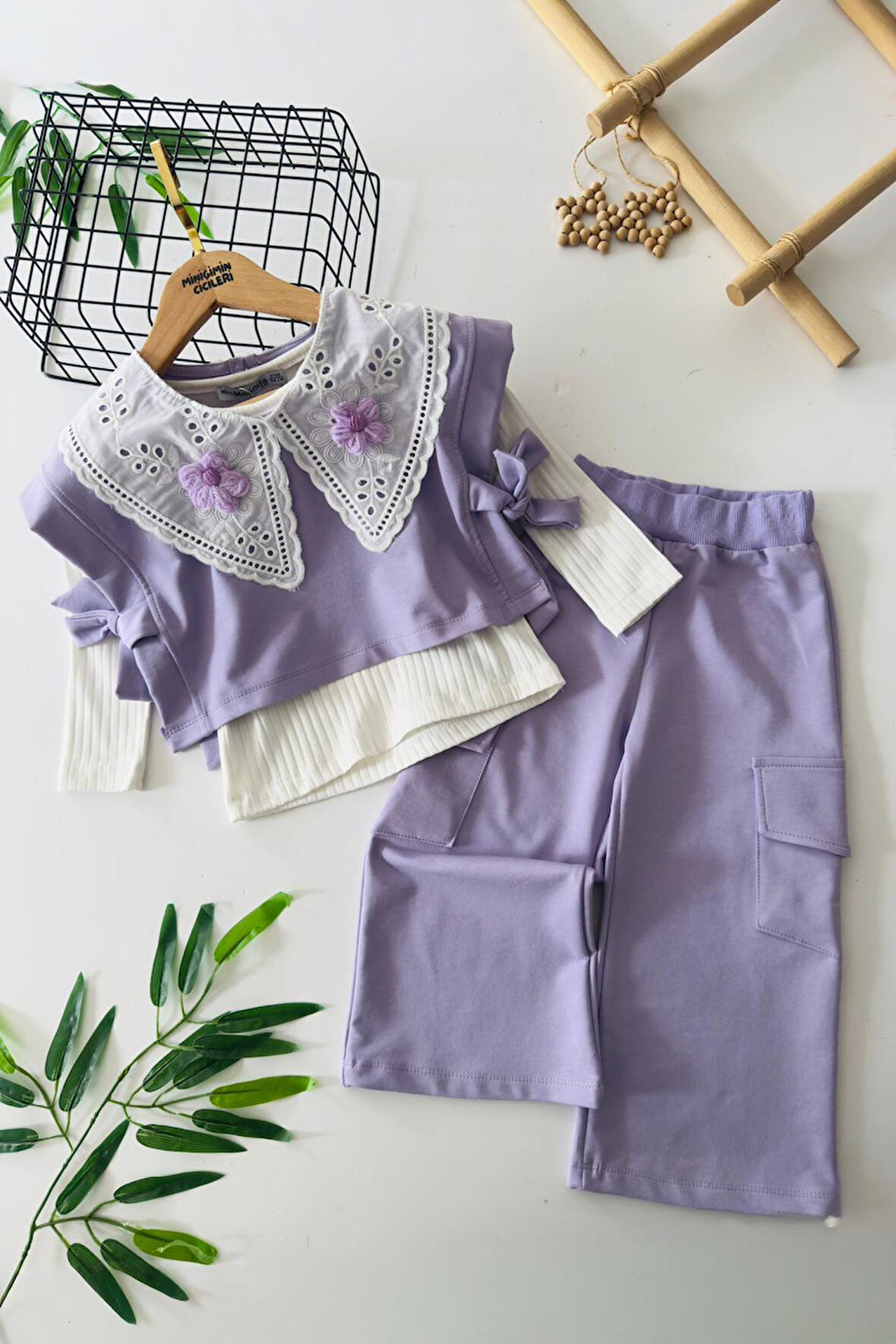 Miniğimin Cicileri Papatya Örgü Detaylı 3 lü Kız Çocuk Takım - Lila