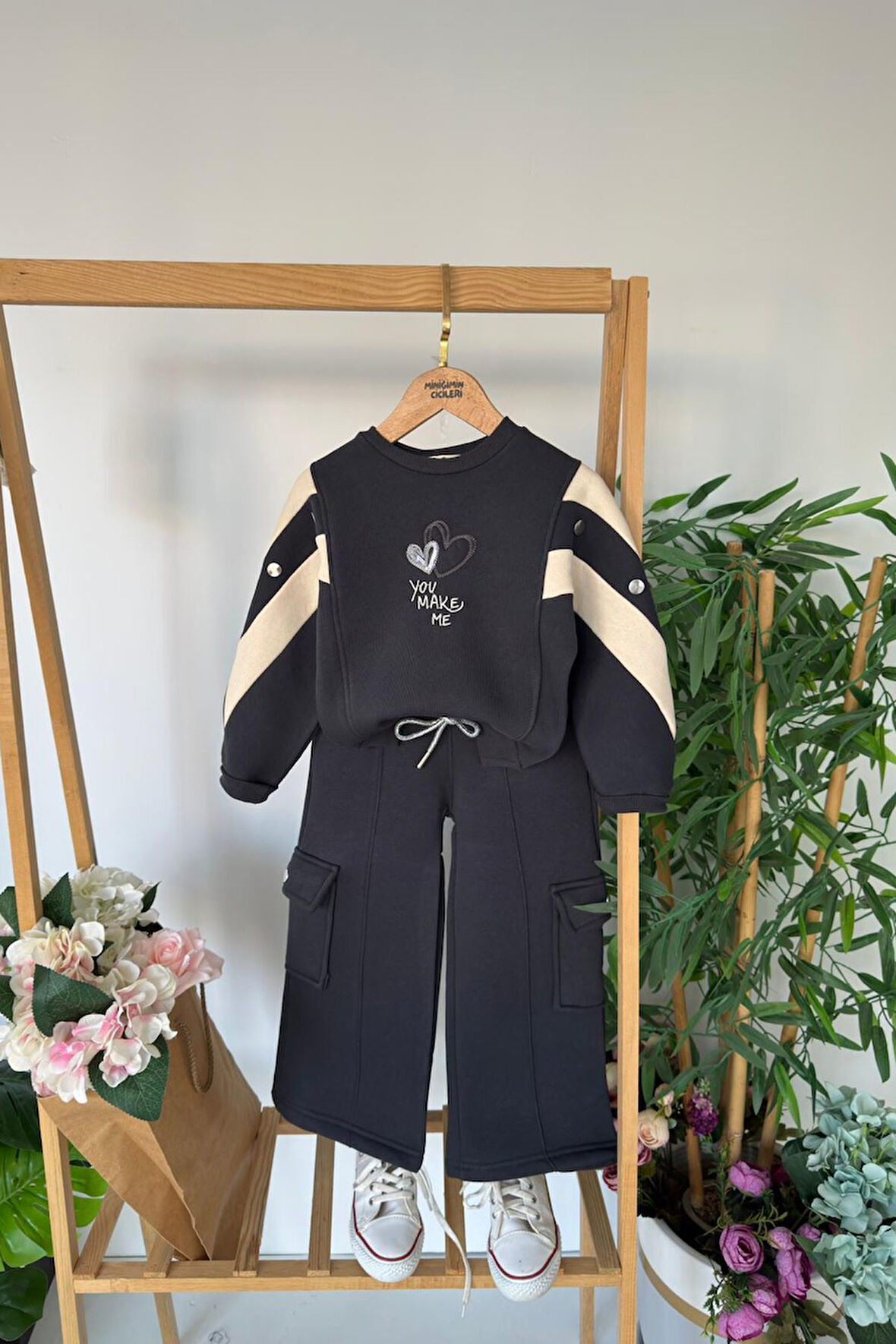 Miniğimin Cicileri Love You Make Şeritli Kız Çocuk 2 li Kışlık Takım - Antrasit