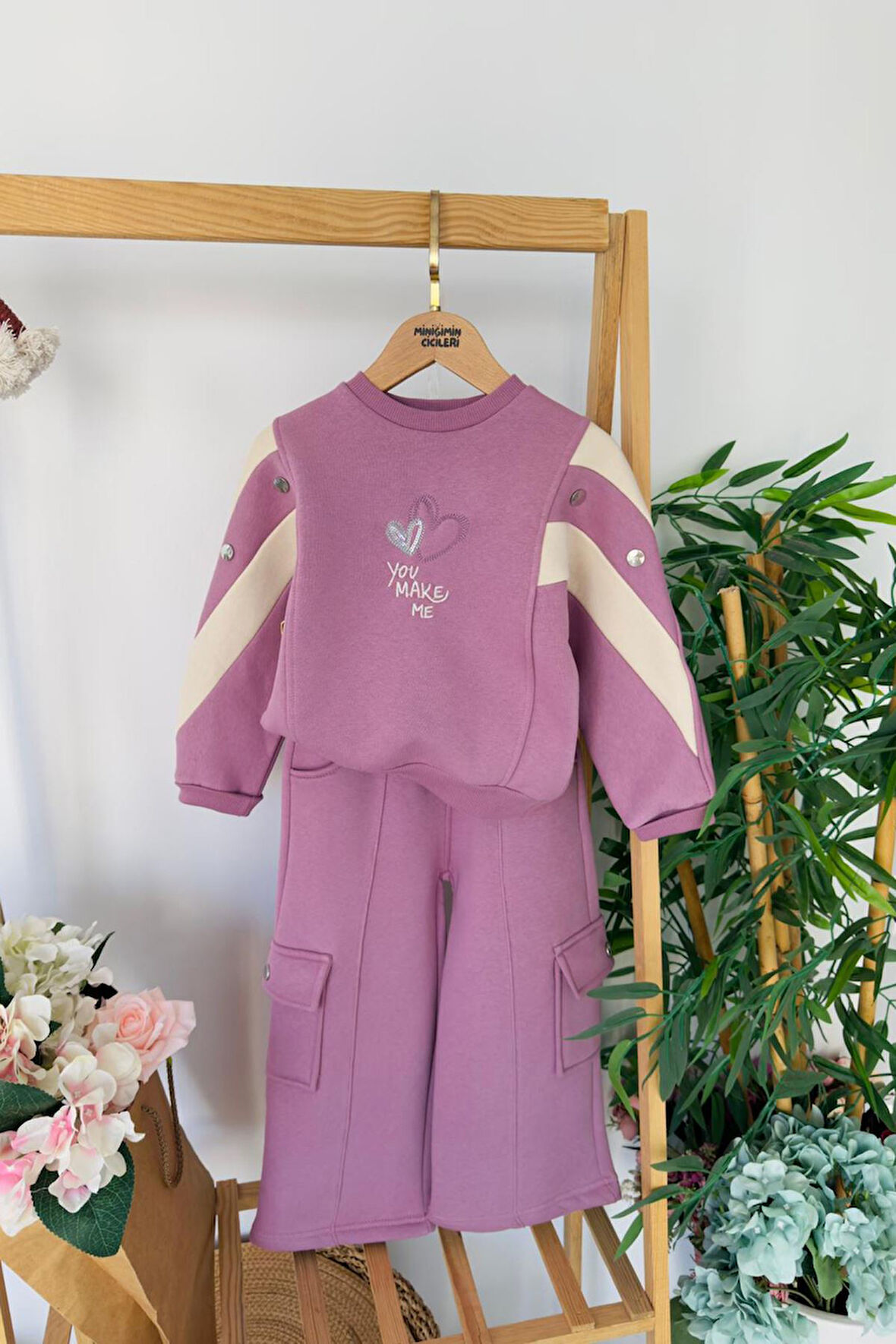Miniğimin Cicileri Love You Make Şeritli Kız Çocuk 2 li Kışlık Takım - Gül Kurusu